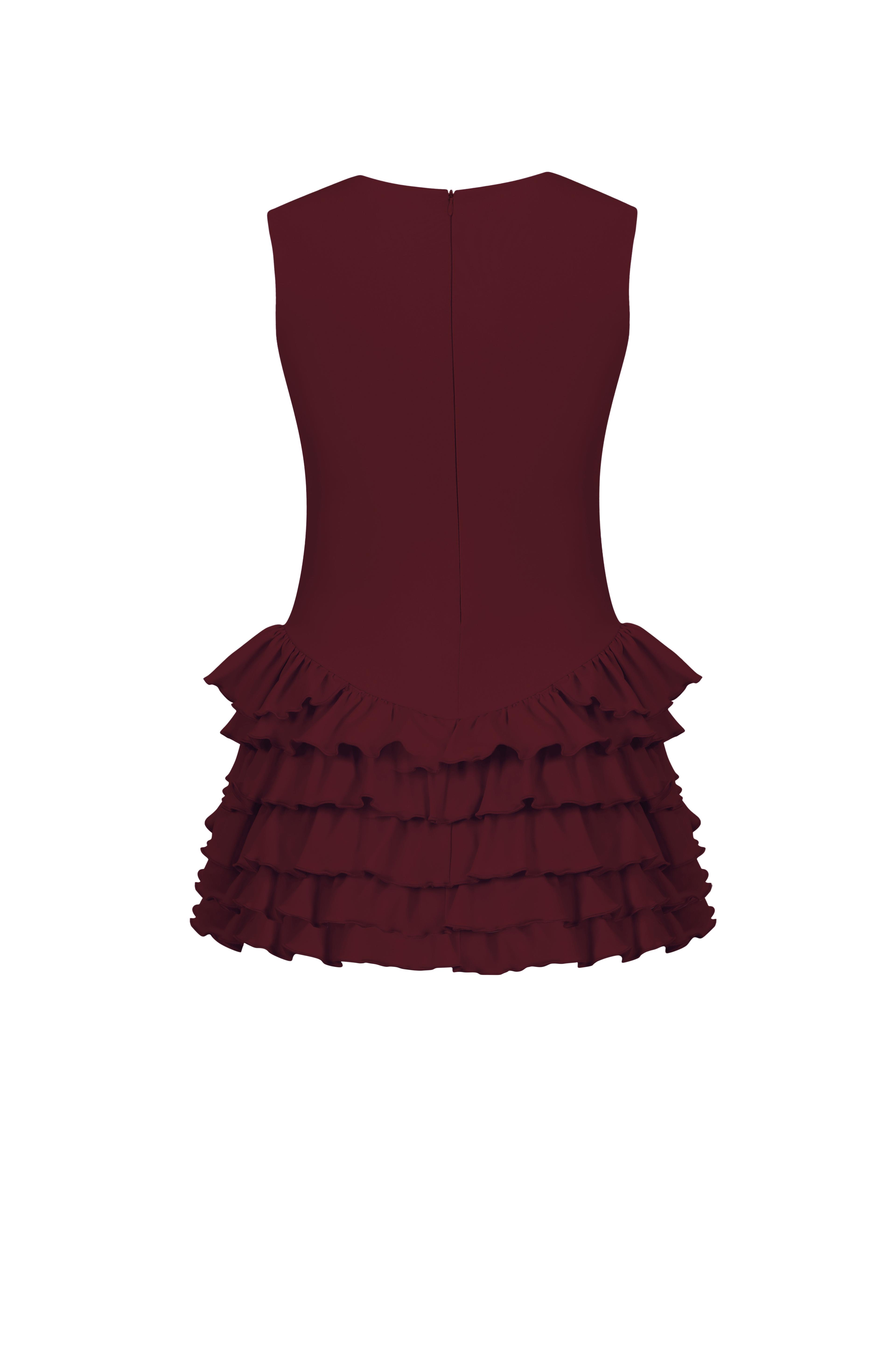 Sardinya Halter Yaka Fırfırlı Şortlu Elbise - Bordo