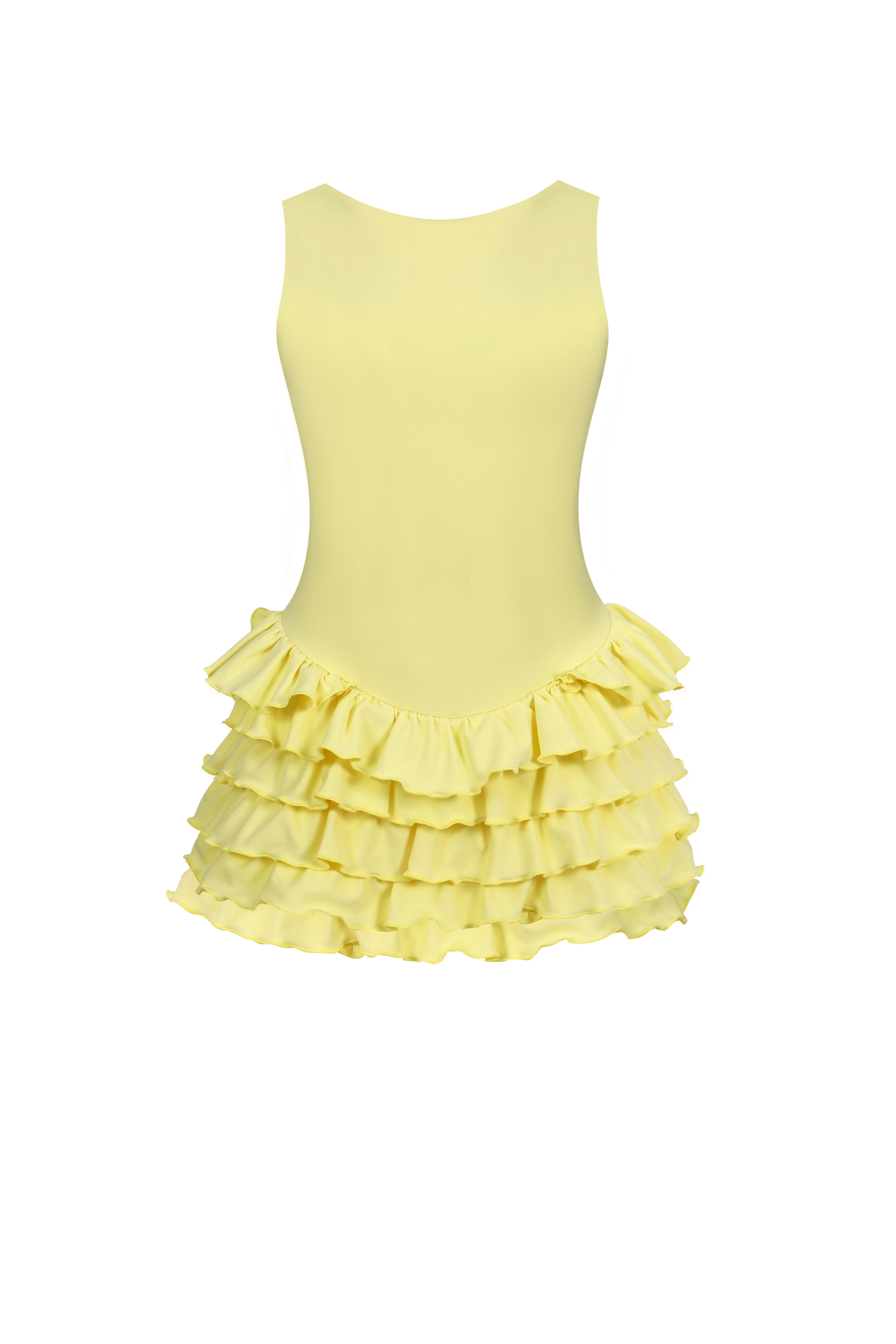Sardinya Halter Yaka Fırfırlı Şortlu Elbise - Sarı