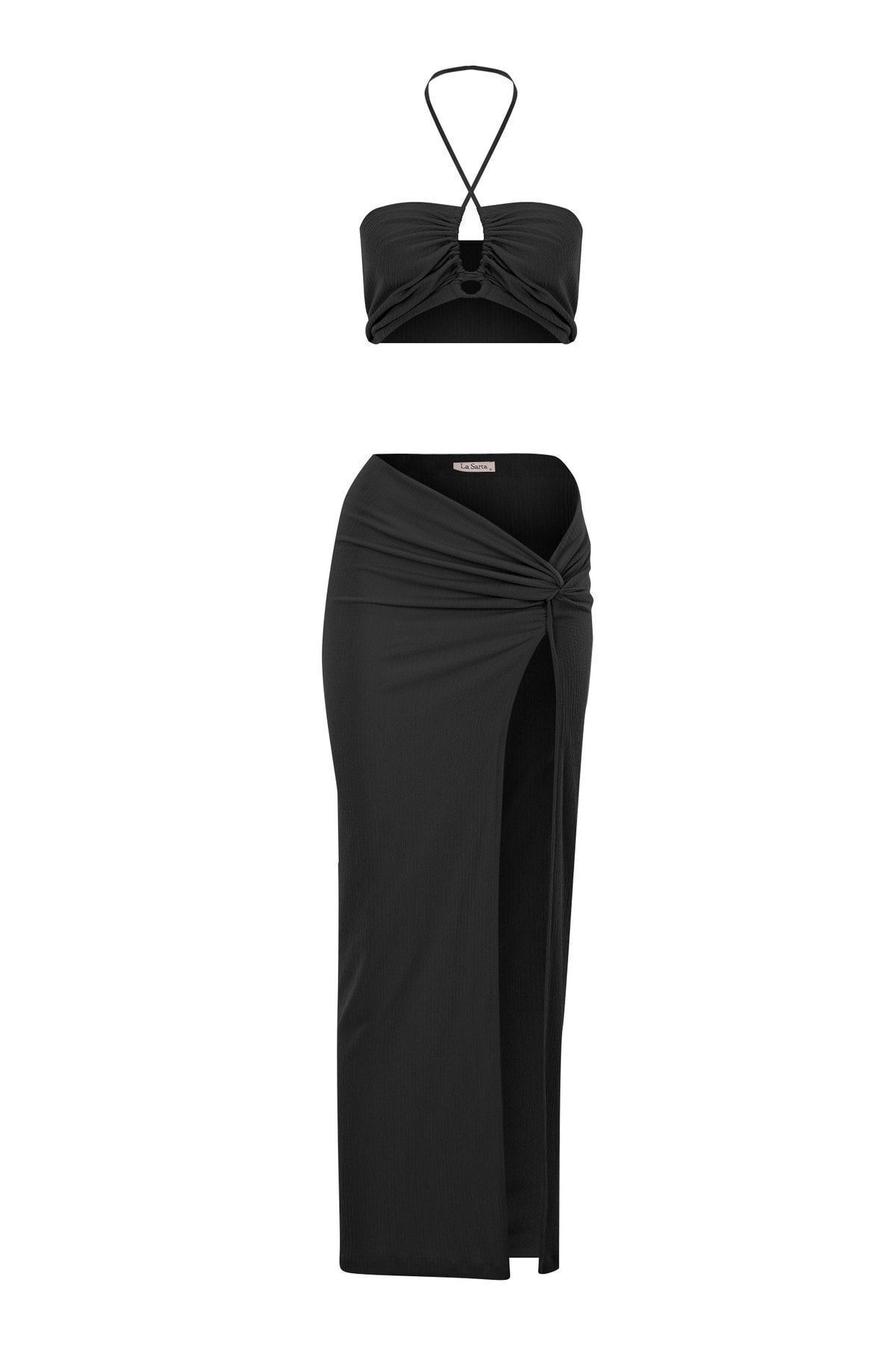 Flam Pareo Etek Crop Top Alt Üst Takım - Siyah