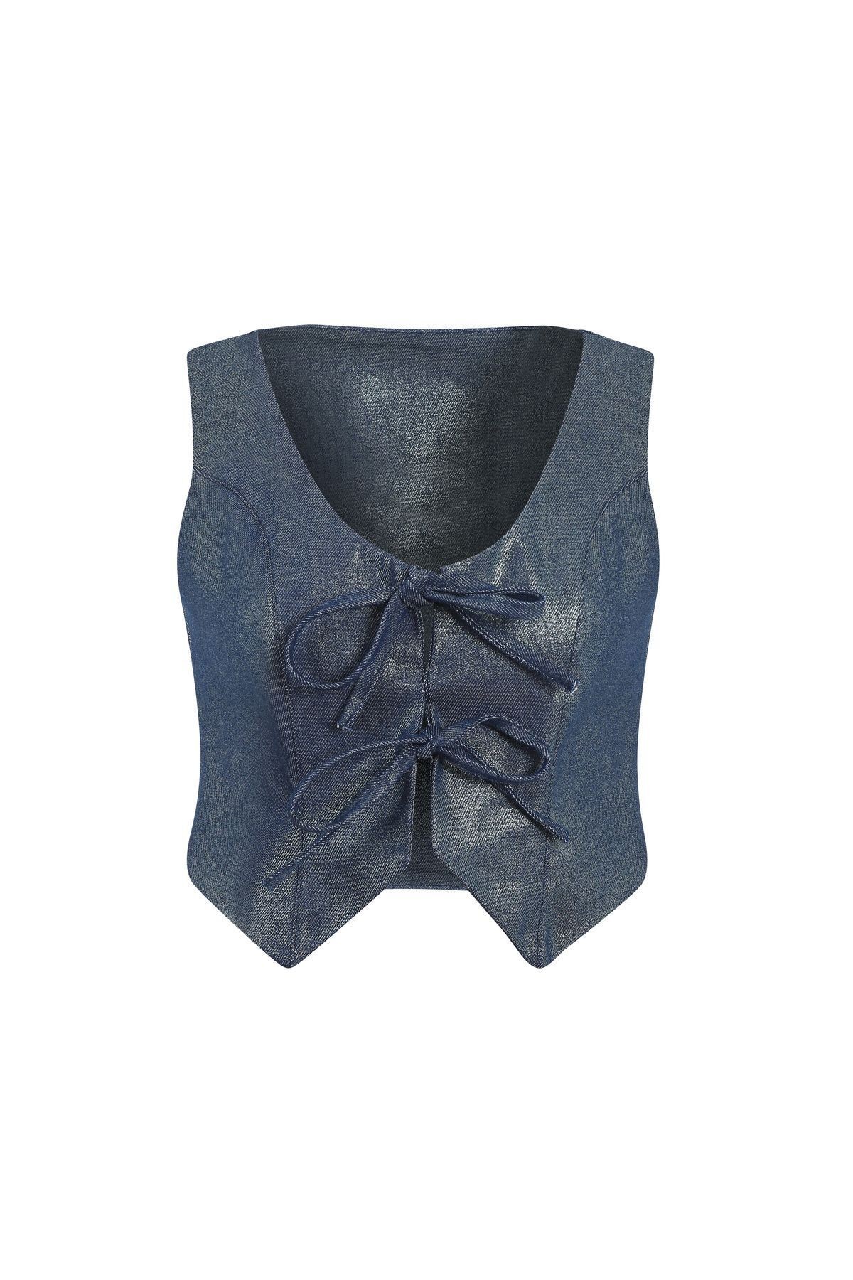 Rapollo Denim Lacivert Varak Baskılı Parlak Yelek