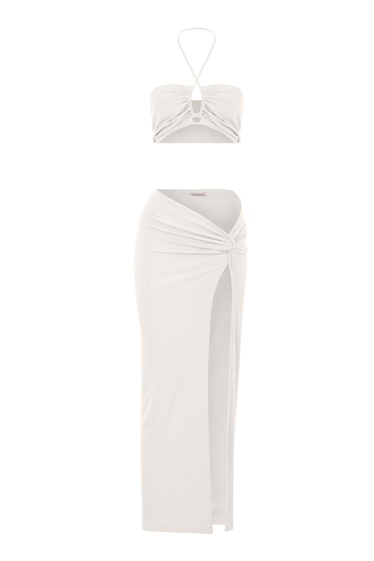 Flam Pareo Etek Crop Top Alt Üst Takım - Beyaz