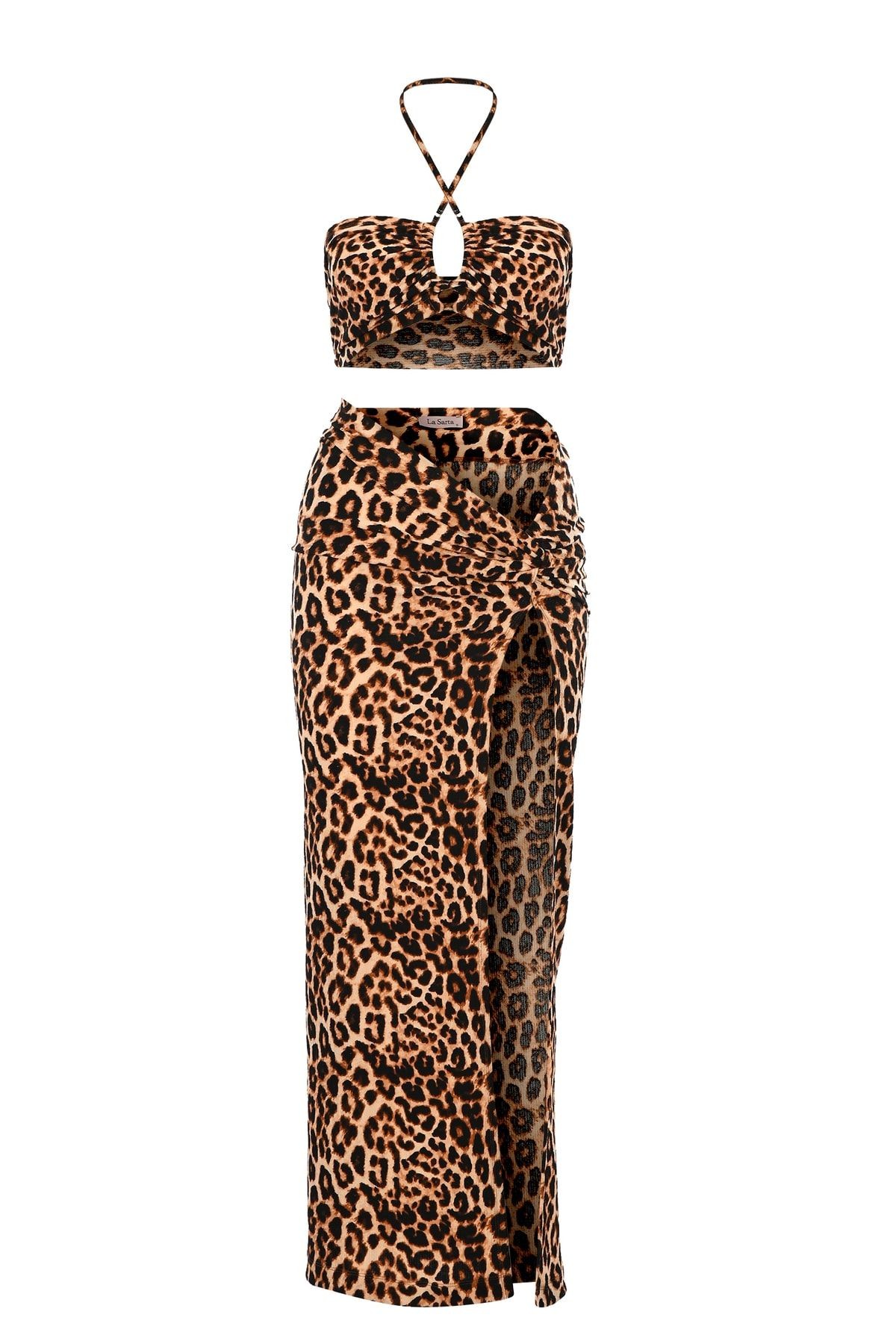 Flam Pareo Etek Crop Top Alt Üst Takım - Leopar