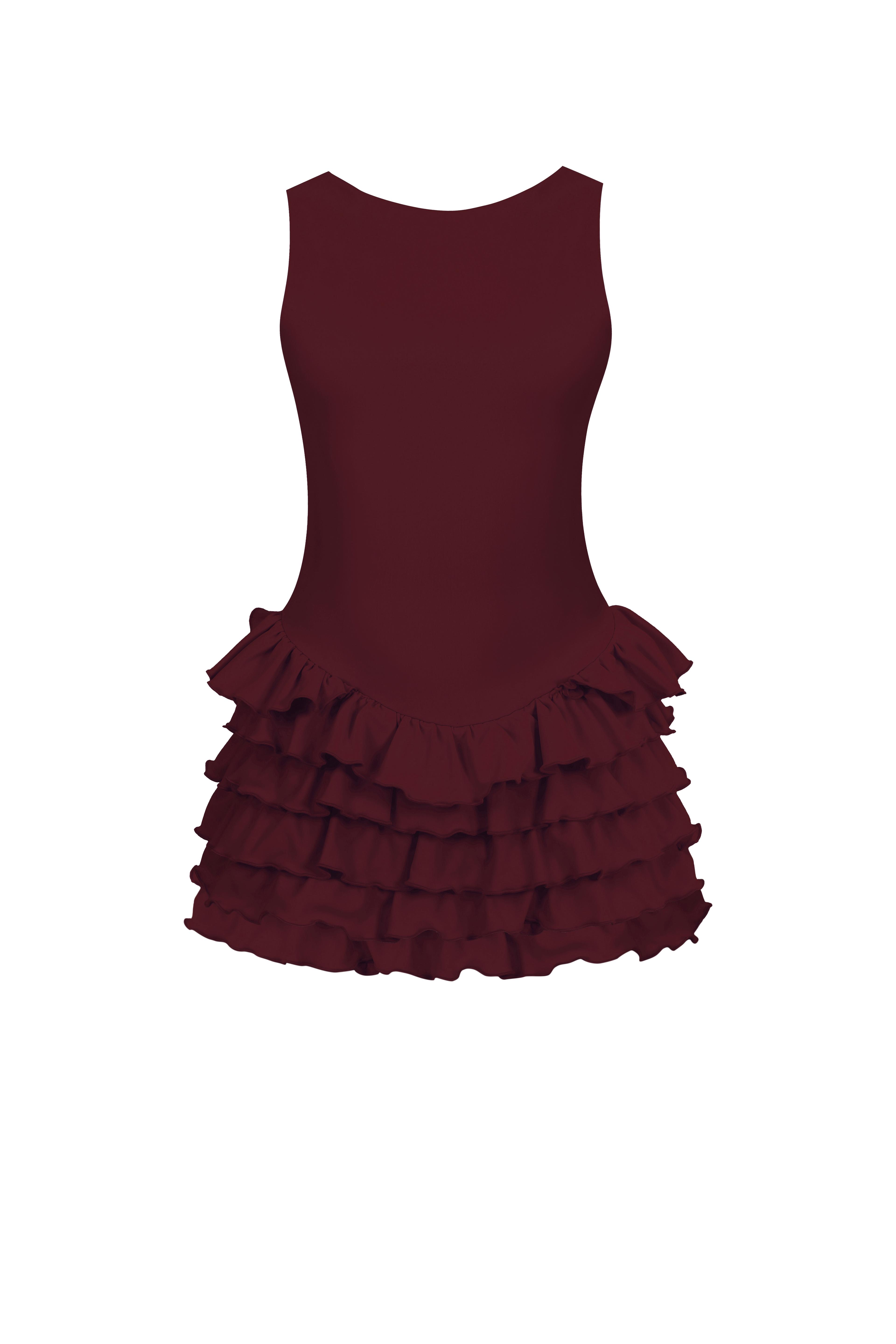 Sardinya Halter Yaka Fırfırlı Şortlu Elbise - Bordo