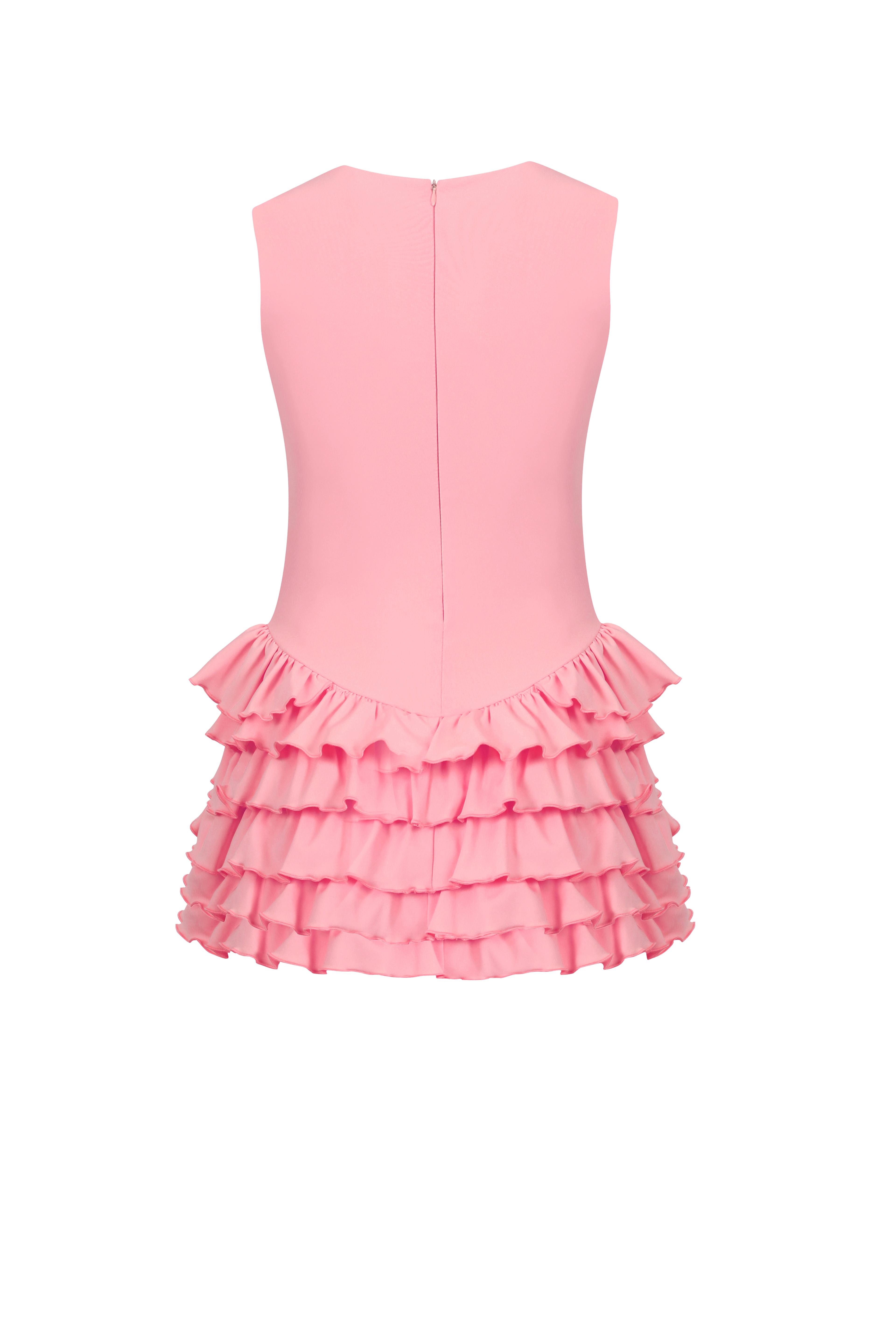 Sardinya Halter Yaka Fırfırlı Şortlu Elbise - Pembe