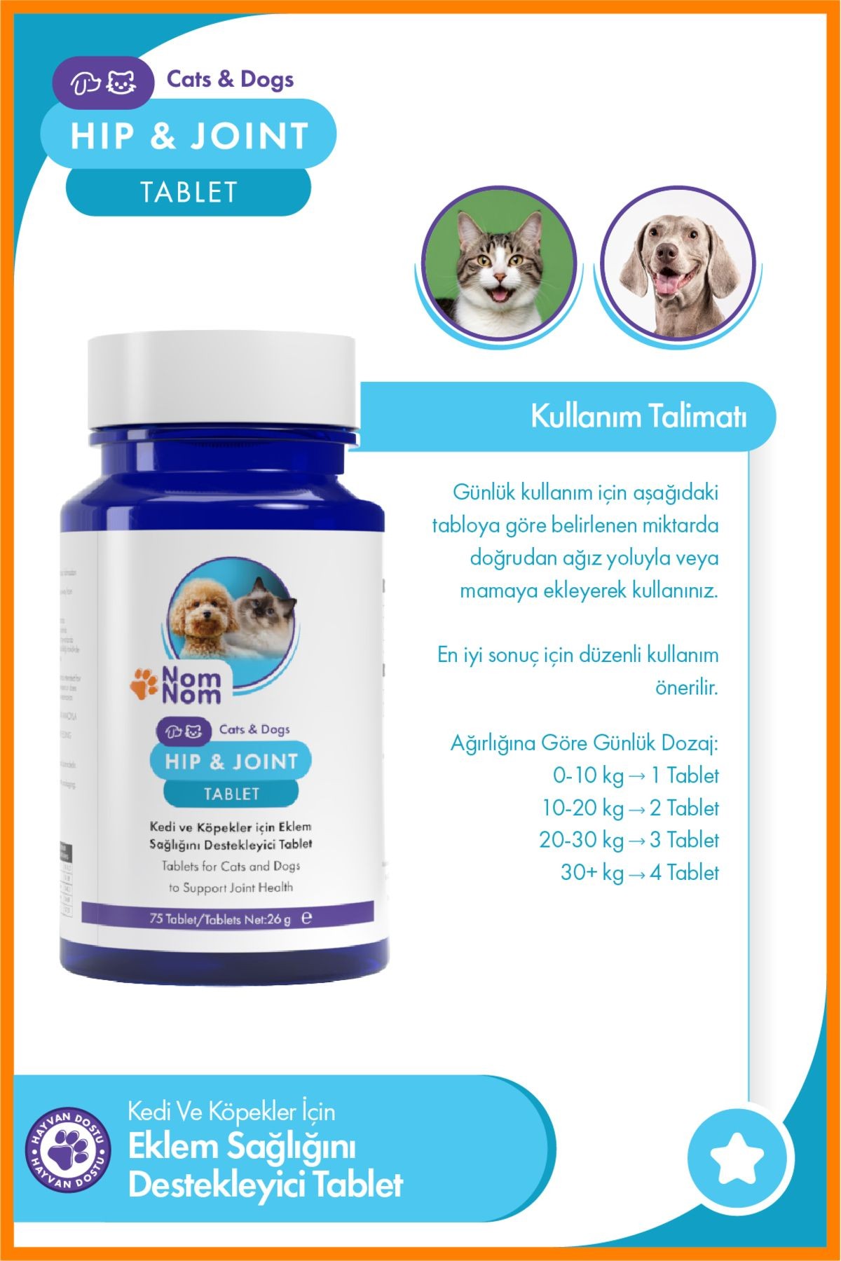 Kedi ve Köpek Hip & Joint Glukozamin Tablet 75'li – Eklem Sağlığını Destekler