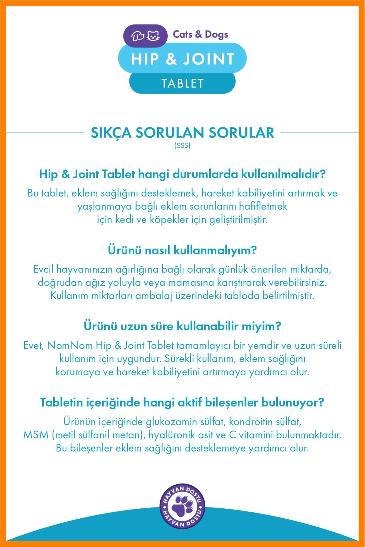 Kedi ve Köpek Hip & Joint Glukozamin Tablet 75'li – Eklem Sağlığını Destekler