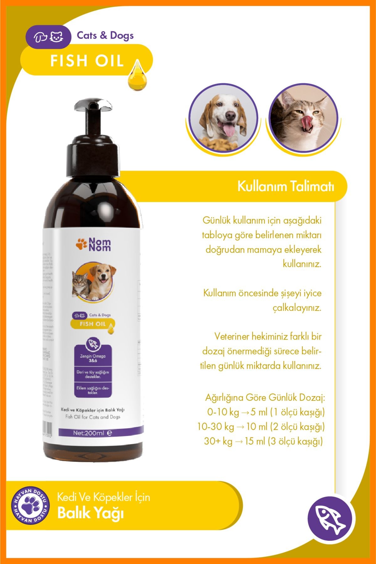 Kedi ve Köpek Fish Oil 200 ml – Deri, Tüy ve Eklem Sağlığını Destekleyici Omega-3 & 6 Balık Yağı