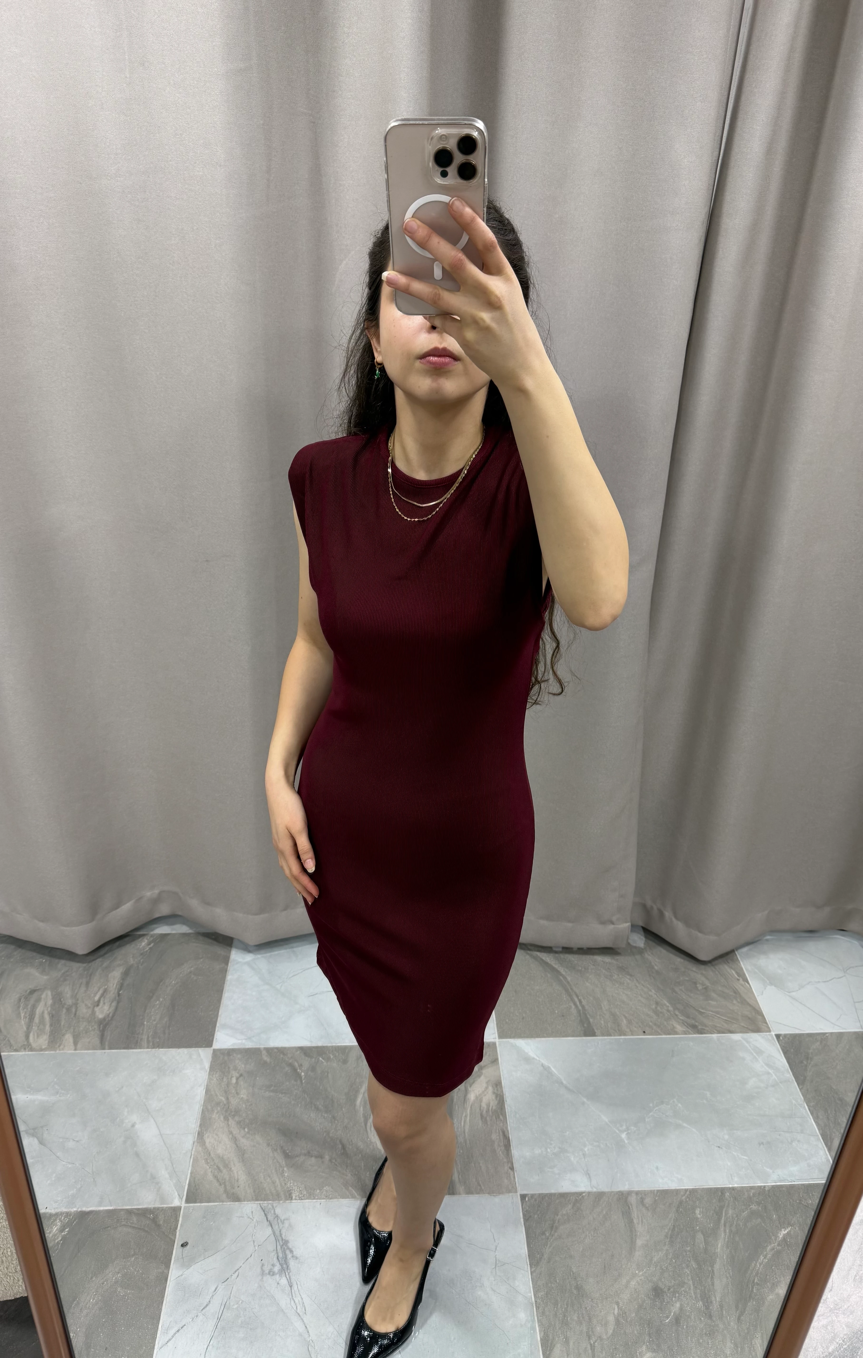 VATKALI ÇİZGİ DETAY ELBİSE - BORDO