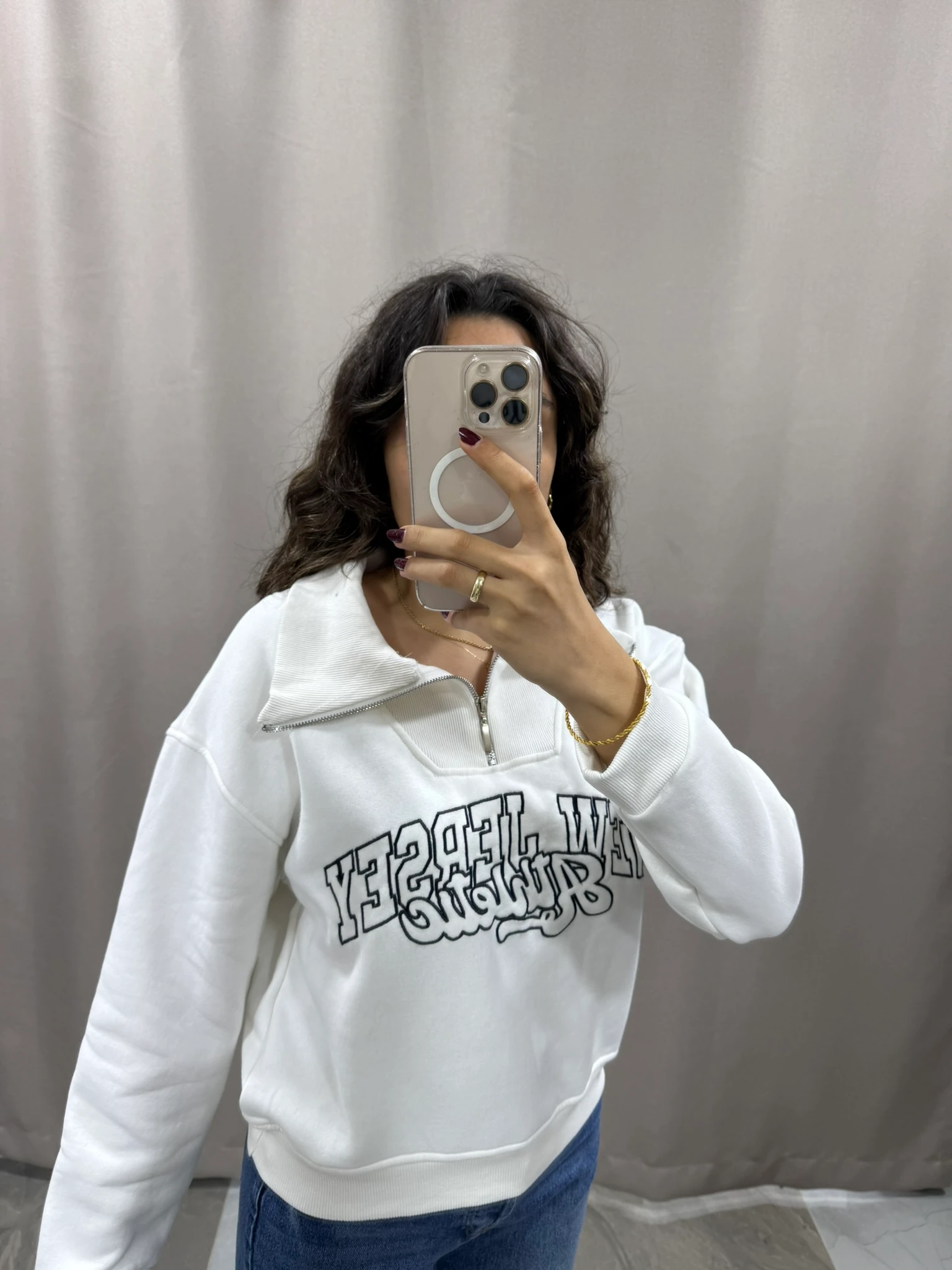 JERSEY FERMUARLI SWEATSHIRT - BEYAZ