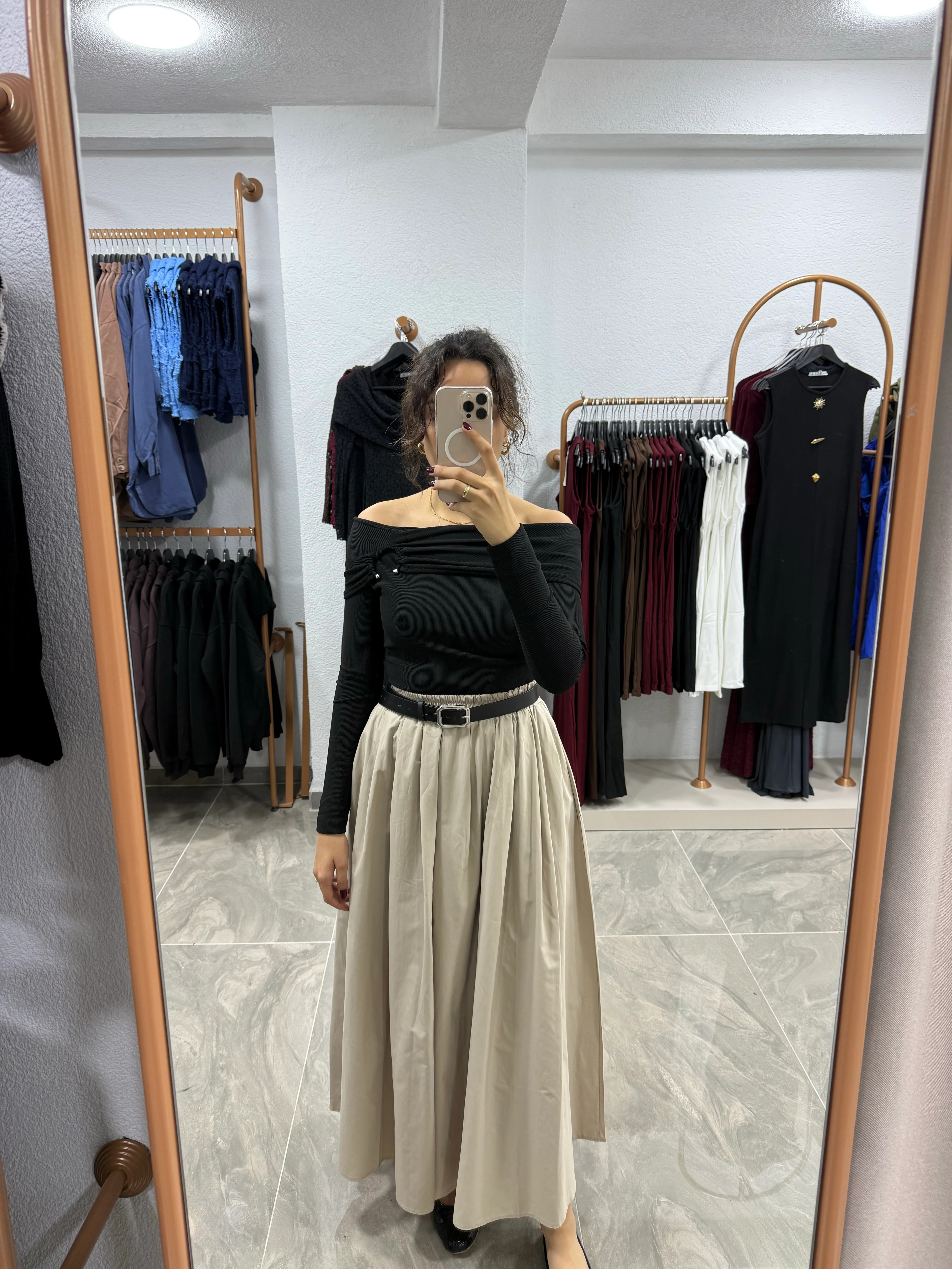 BELİ LASTİKLİ CEPLİ PİLELİ ETEK  - TAŞ