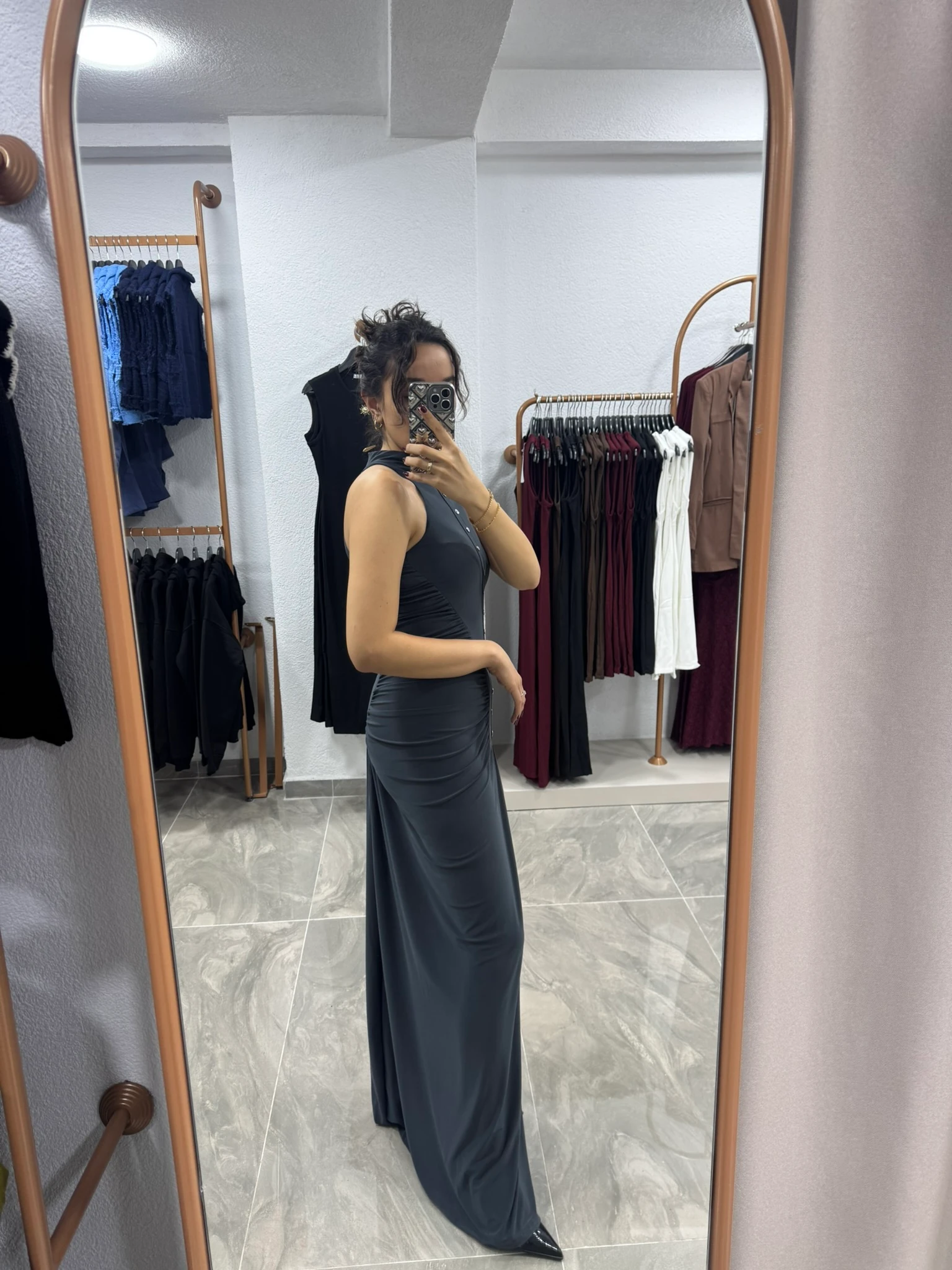 Gri Drape Detaylı Düğmeli Maxi Elbise 