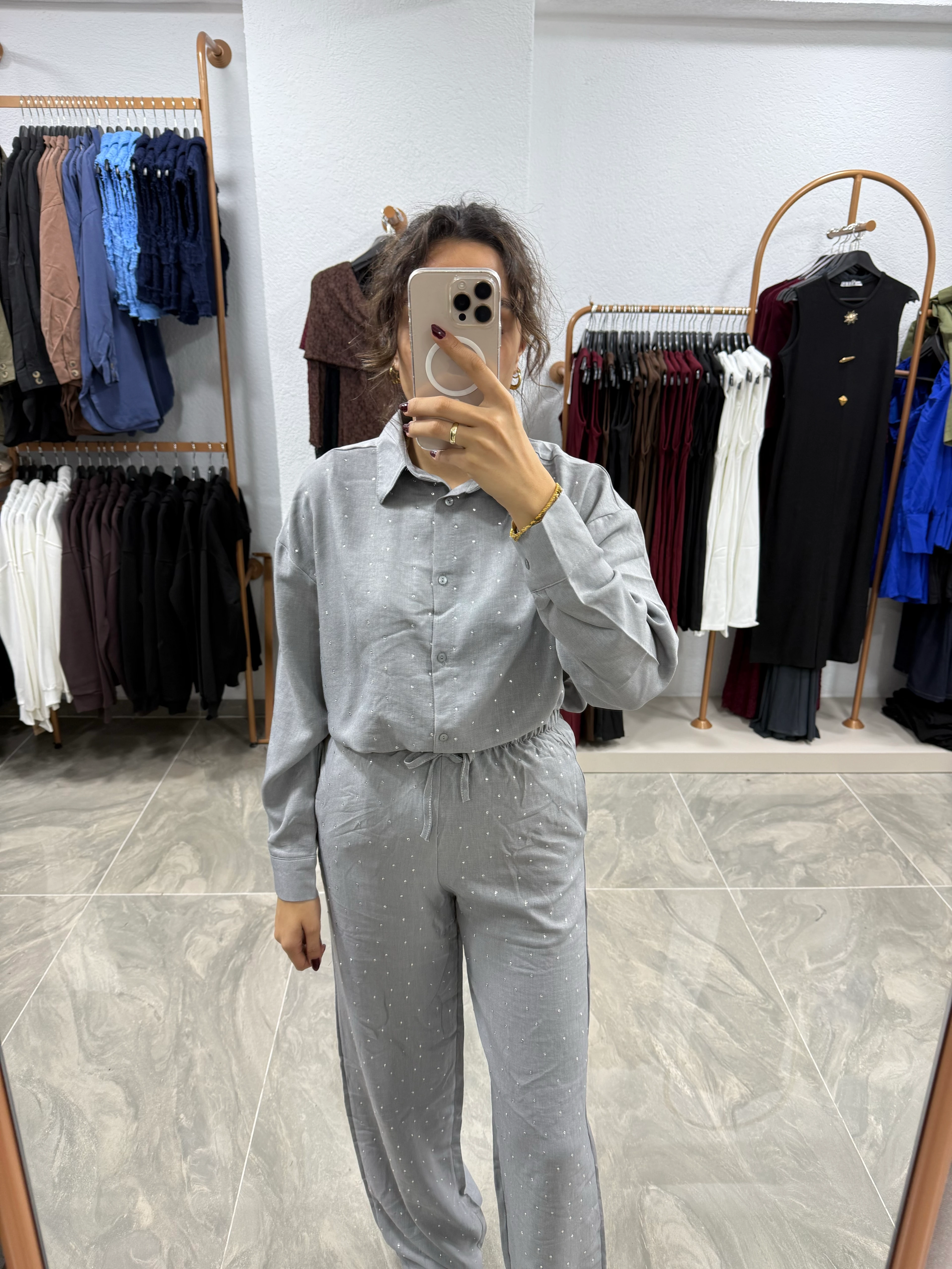 TAŞLI PANTOLON GÖMLEK TAKIM - GRİ