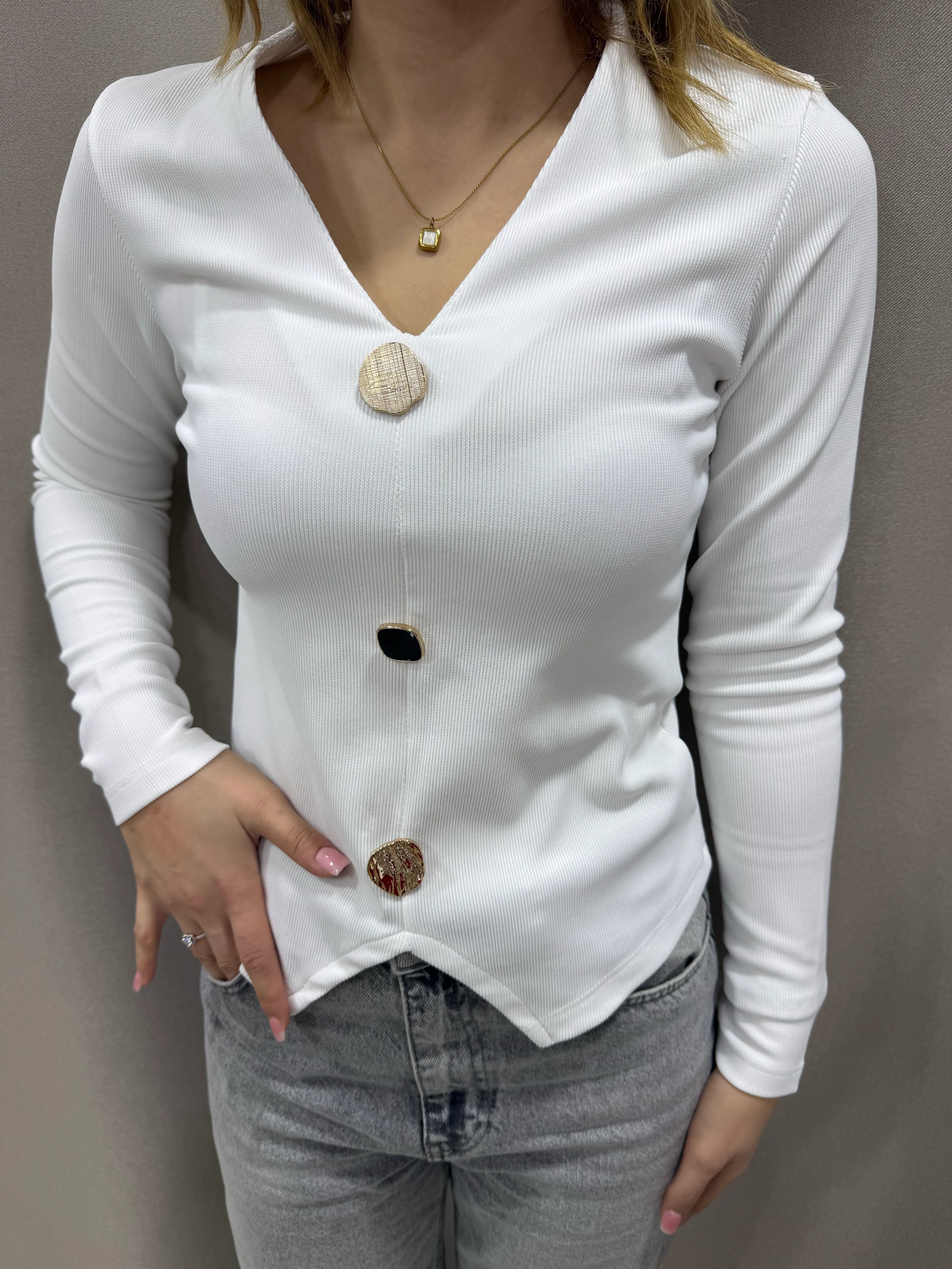 GOLD DÜĞME DETAYLI BLUZ  - BEYAZ