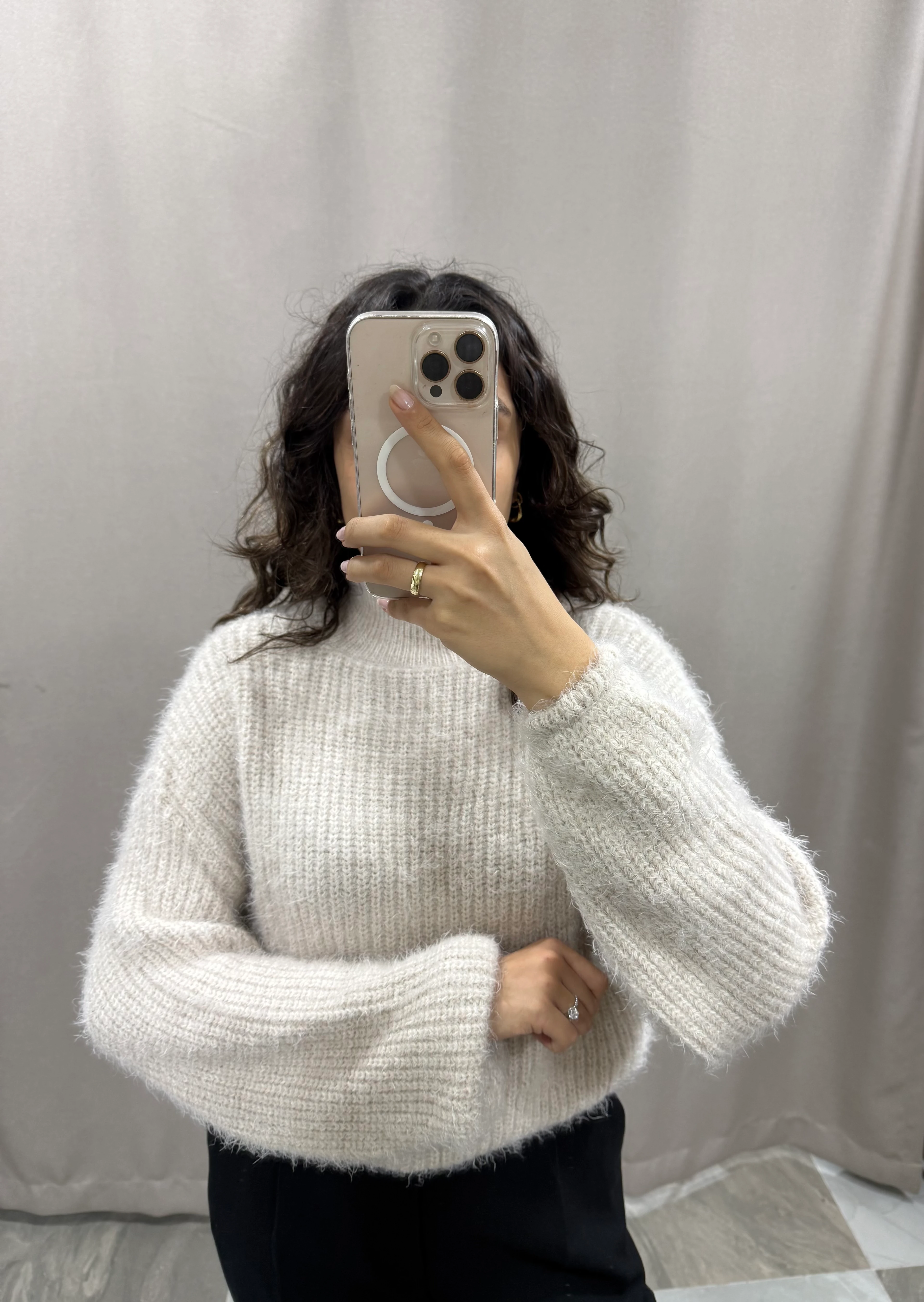 SAKALLI YUMUŞAK DOKU KAZAK - EKRU