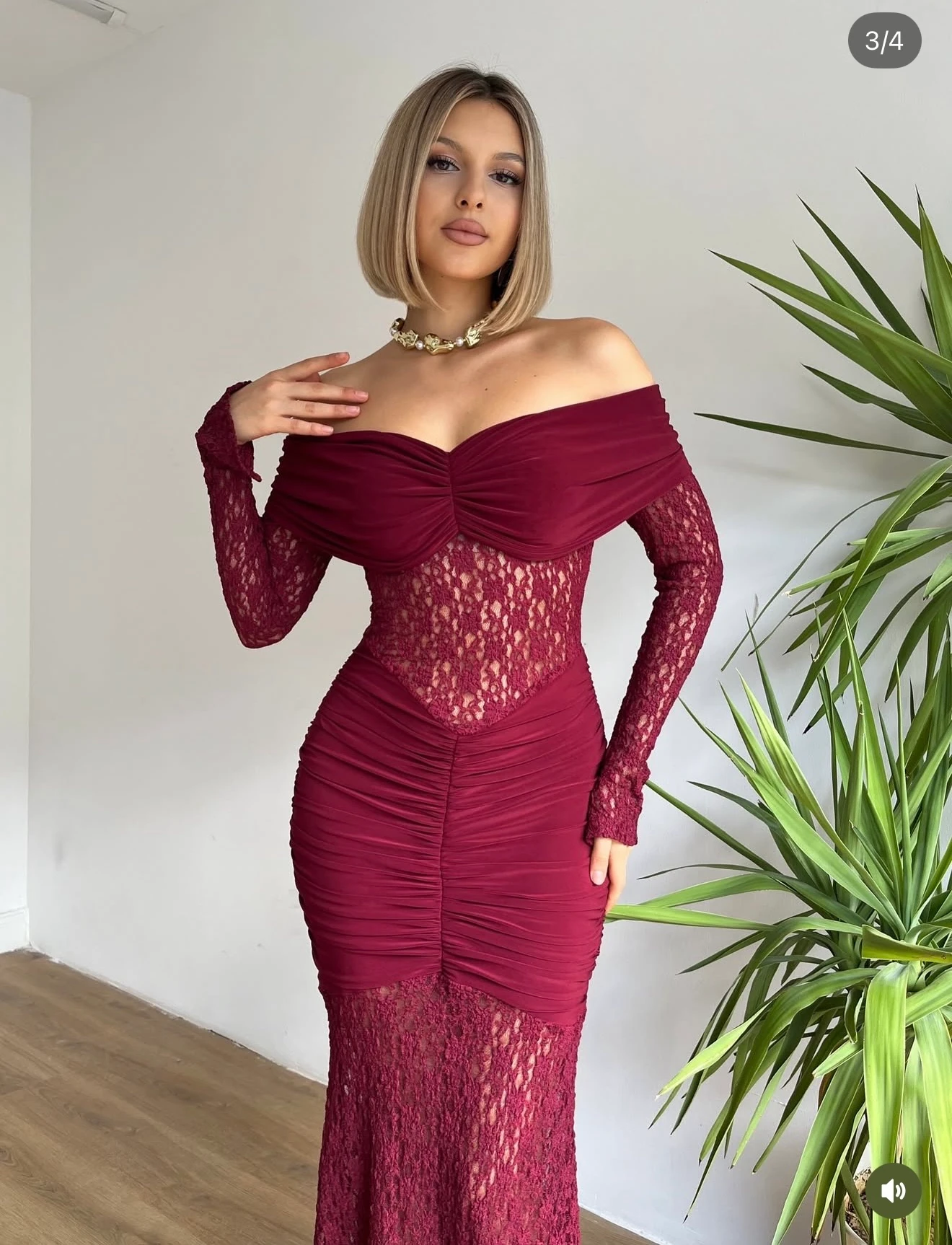 BORDO TRANSPARAN DANTEL ELBİSE