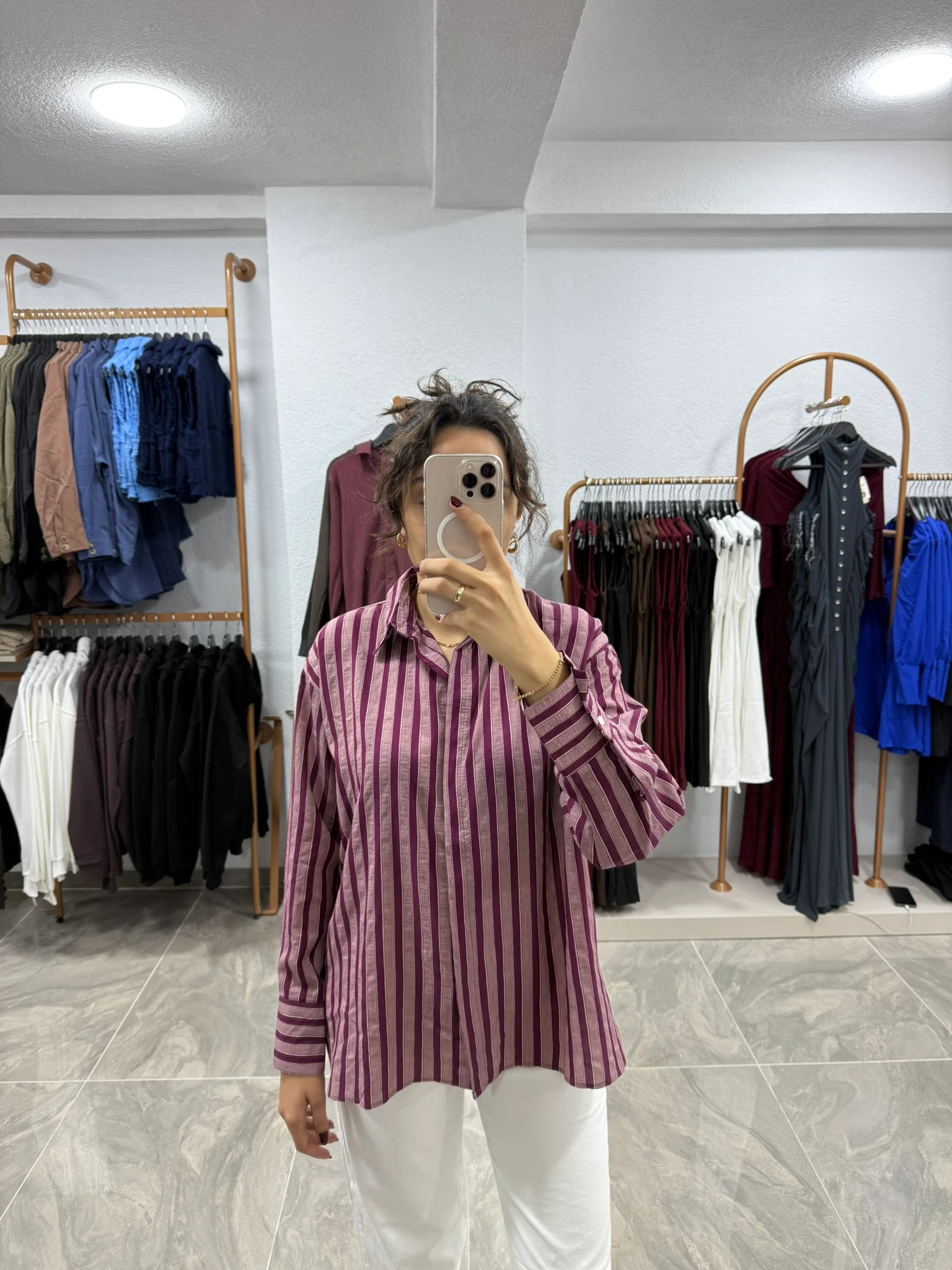 ÇİZGİ DETAYLI OVERSIZE GÖMLEK - BORDO