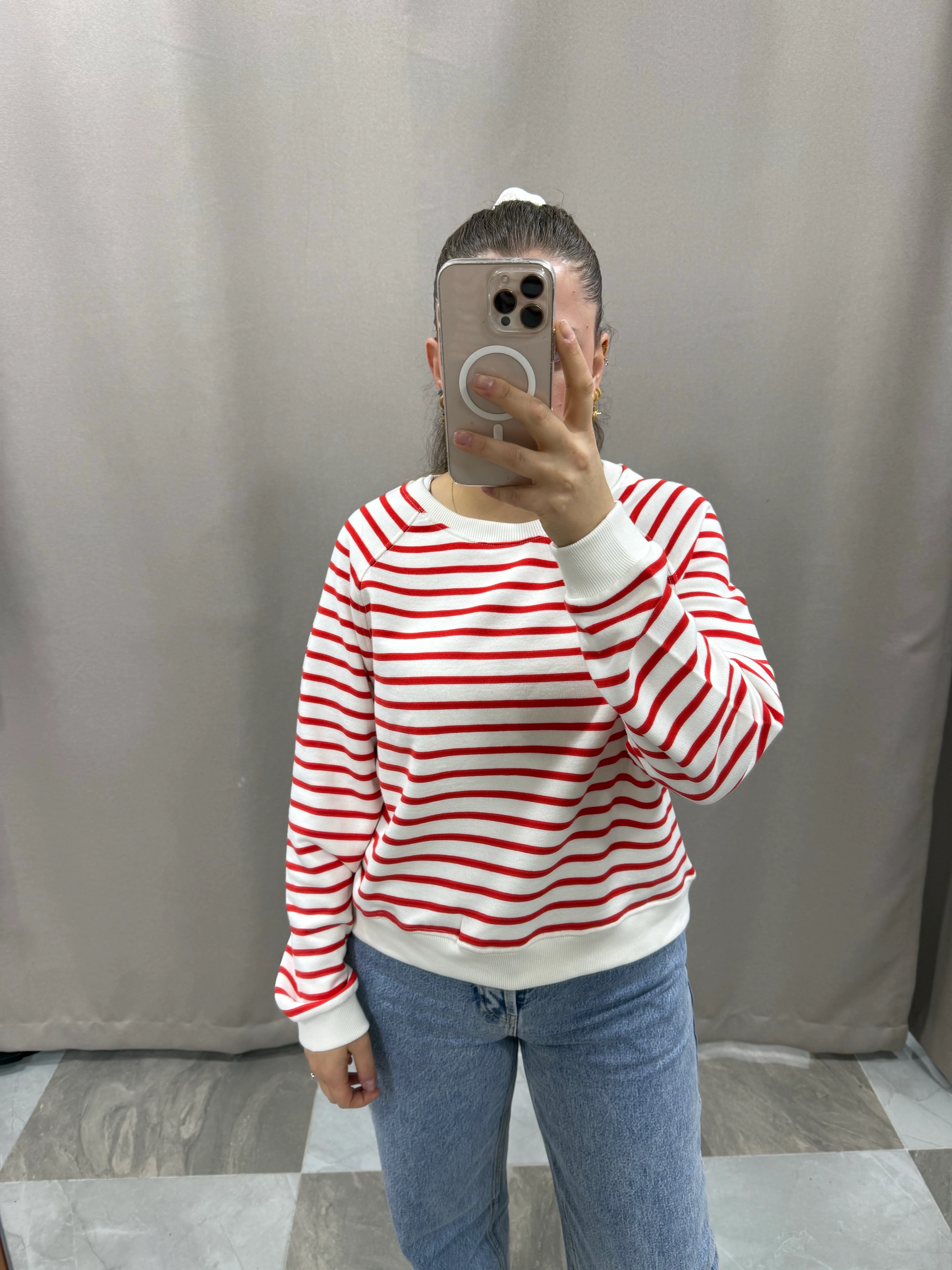 HM KIRMIZI BEYAZ ÇİZGİLİ SWEAT