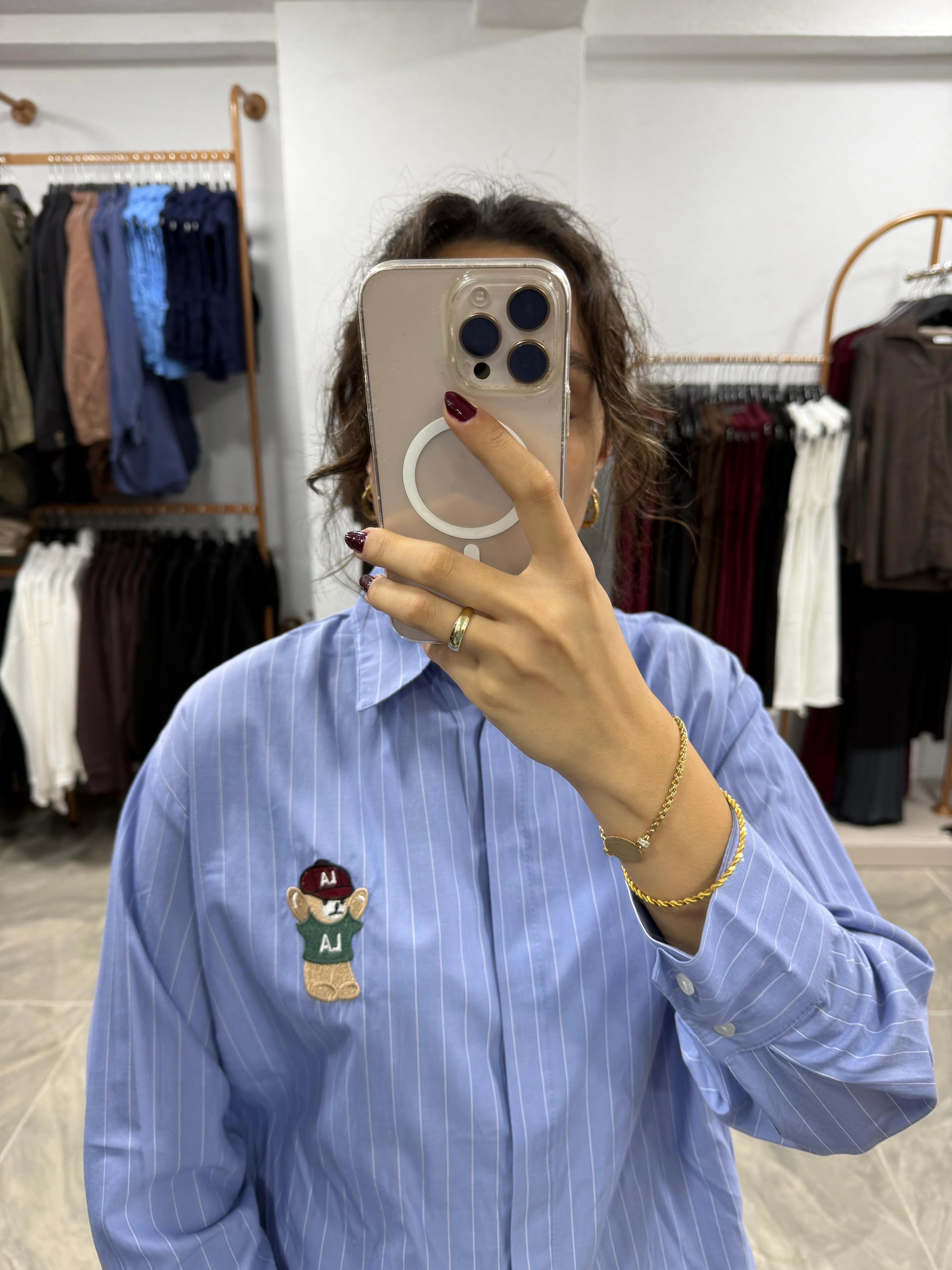 ÇİZGİLİ TEDDY GÖMLEK - MAVİ BEYAZ ÇİZGİLİ