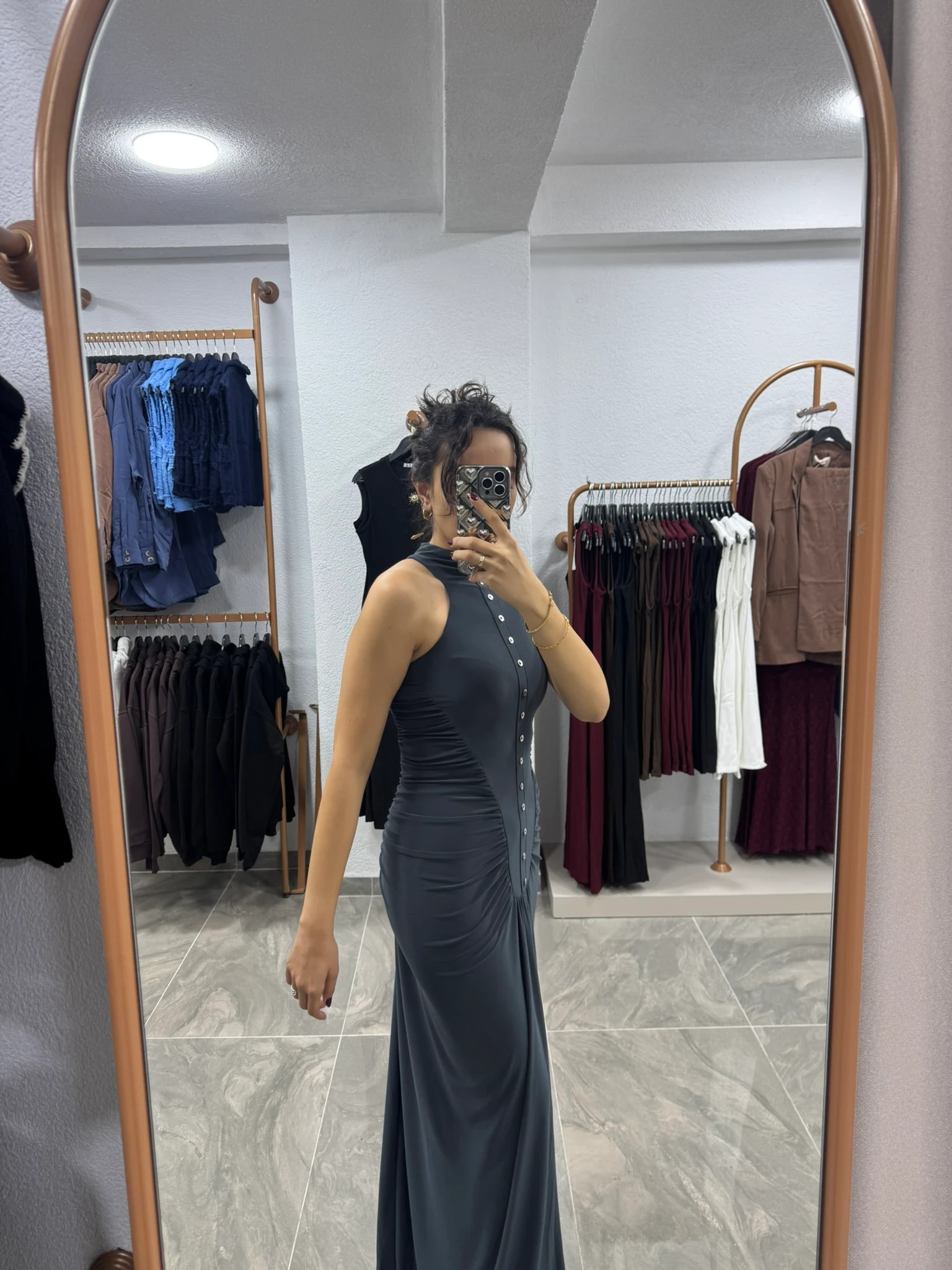 Gri Drape Detaylı Düğmeli Maxi Elbise 