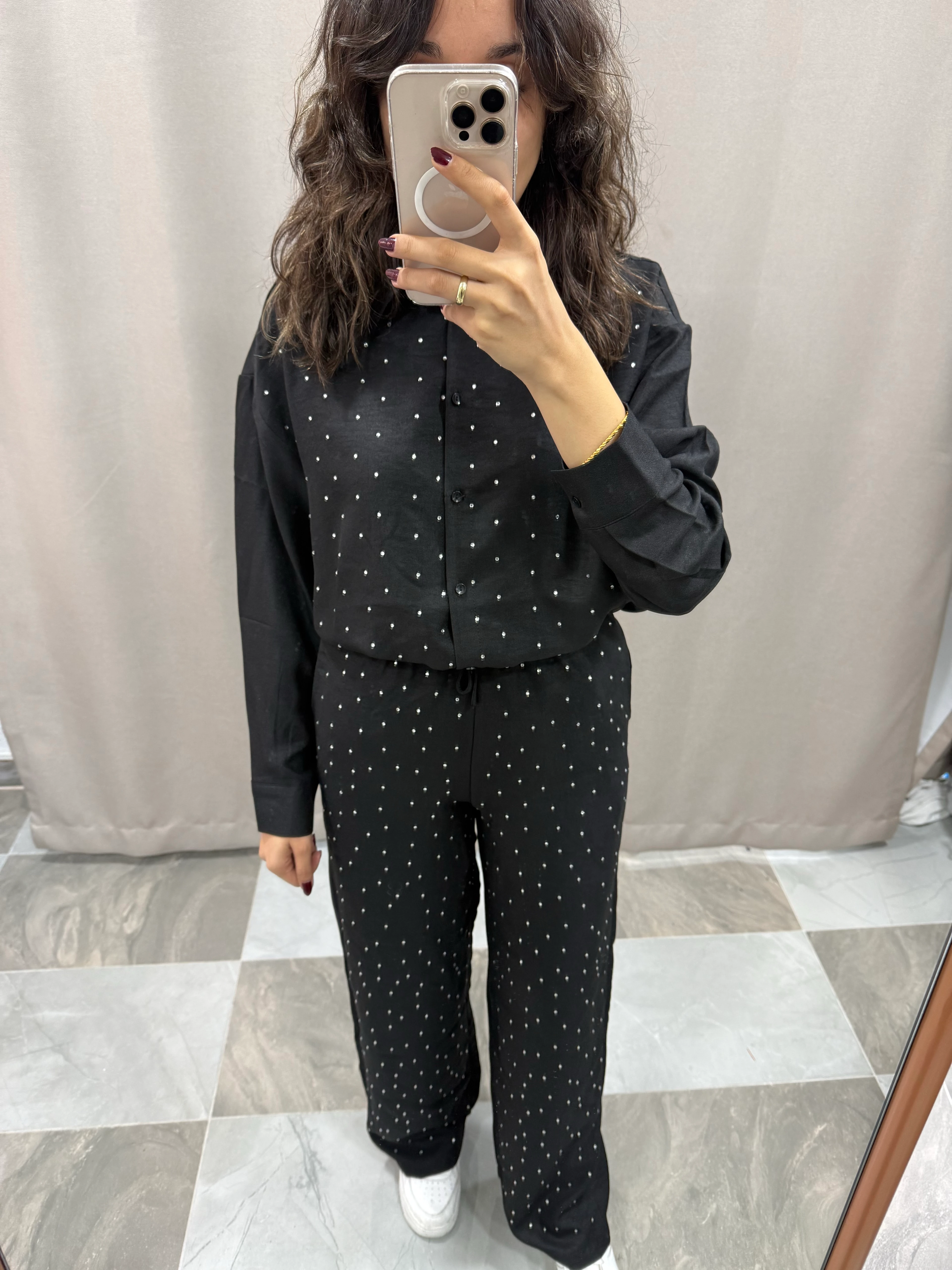 TAŞLI PANTOLON GÖMLEK TAKIM - SİYAH