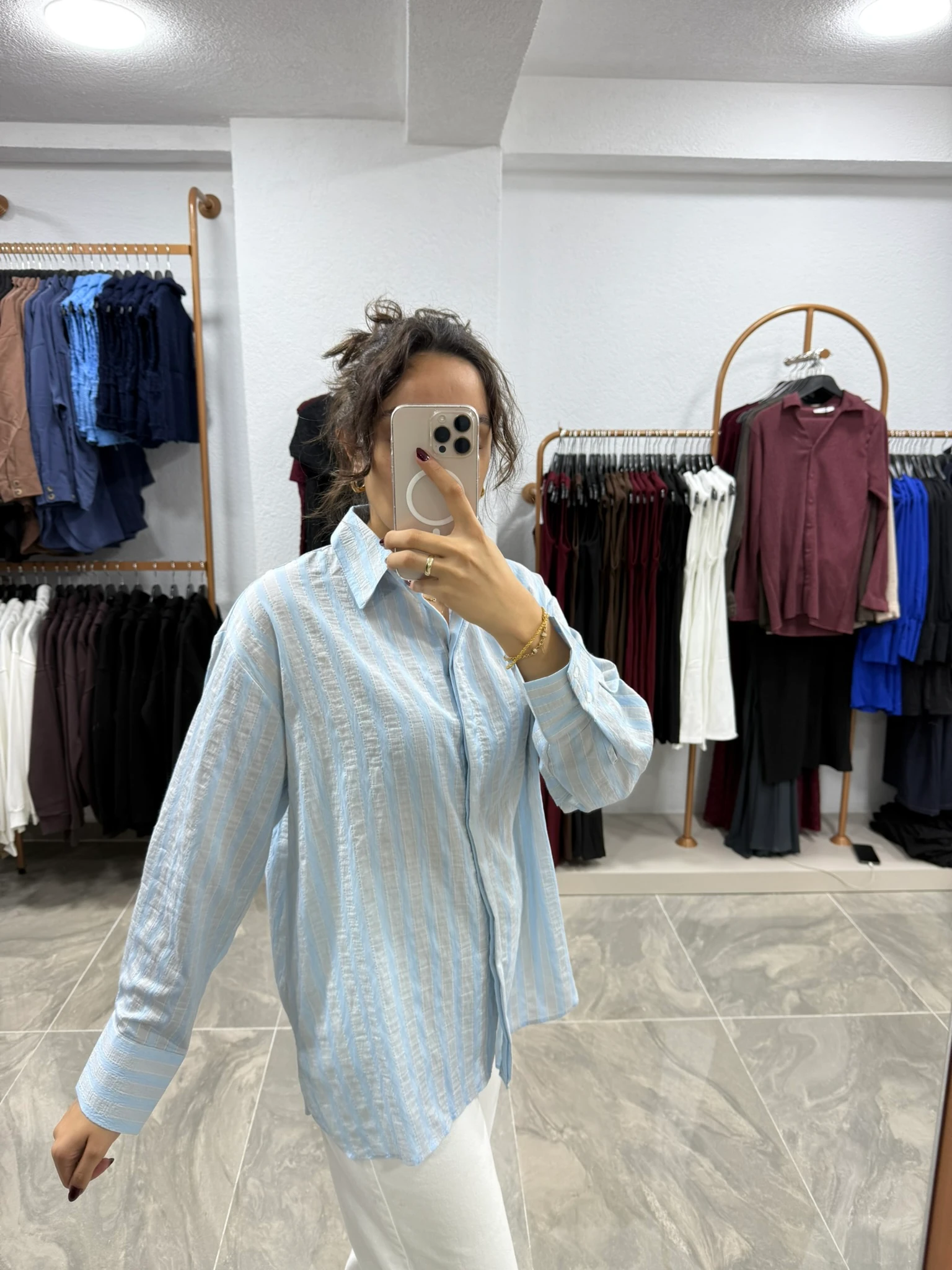 ÇİZGİ DETAYLI OVERSIZE GÖMLEK - AÇIK MAVİ