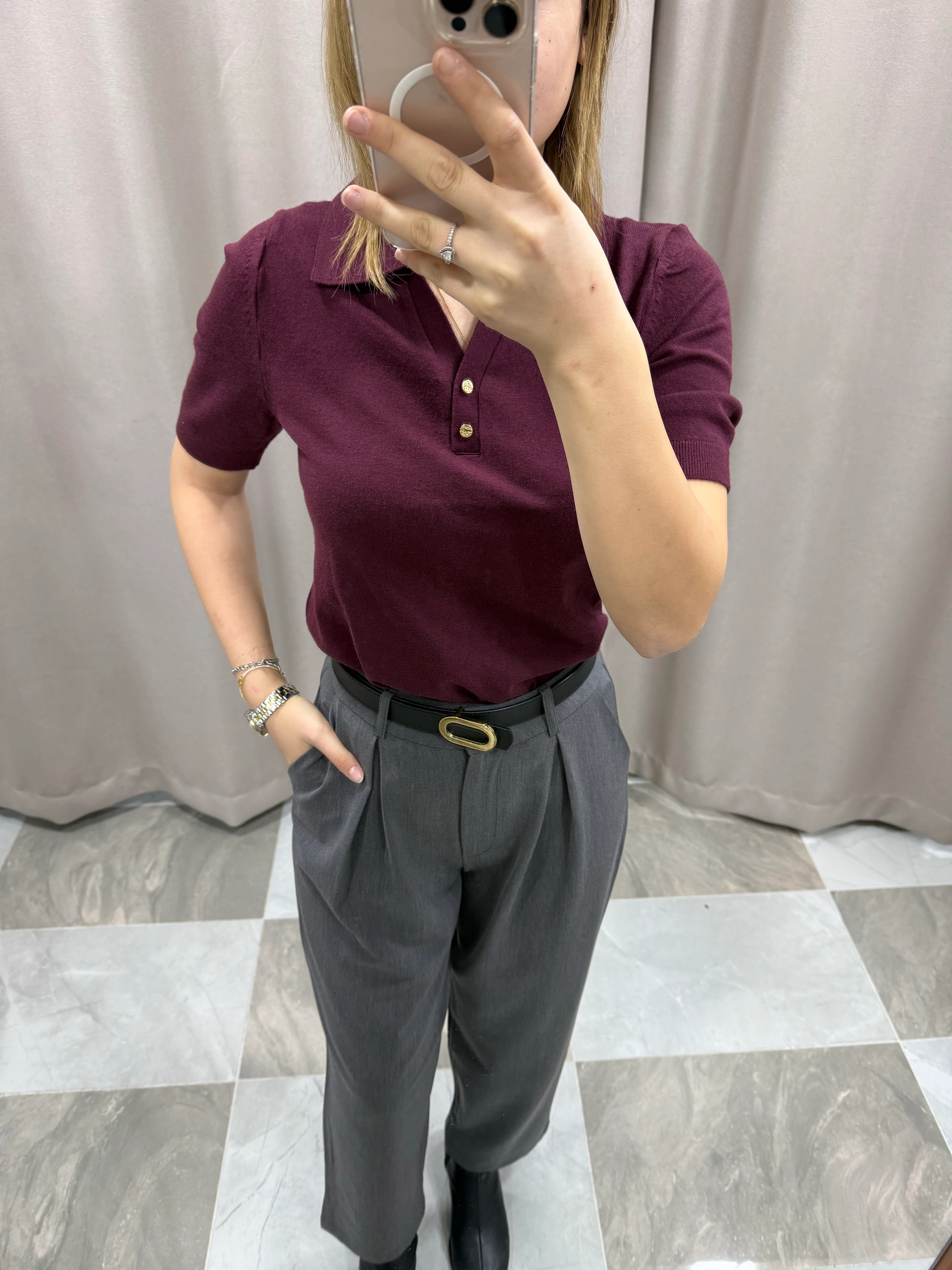 GOLD DÜĞME DETAYLI KISA KOL TRİKO KAZAK - BORDO