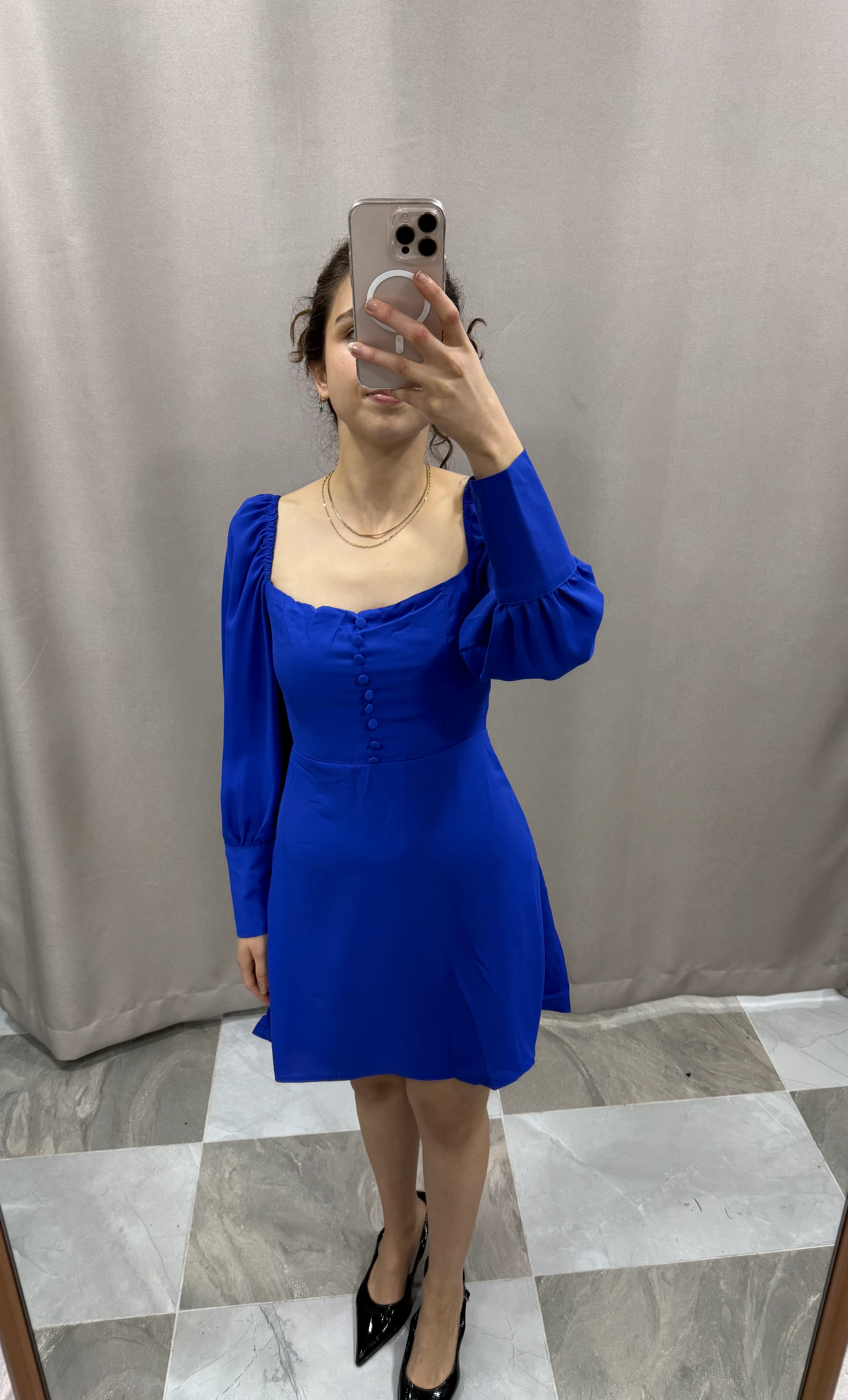 SATEN DÜĞMELİ ELBİSE  - MAVİ