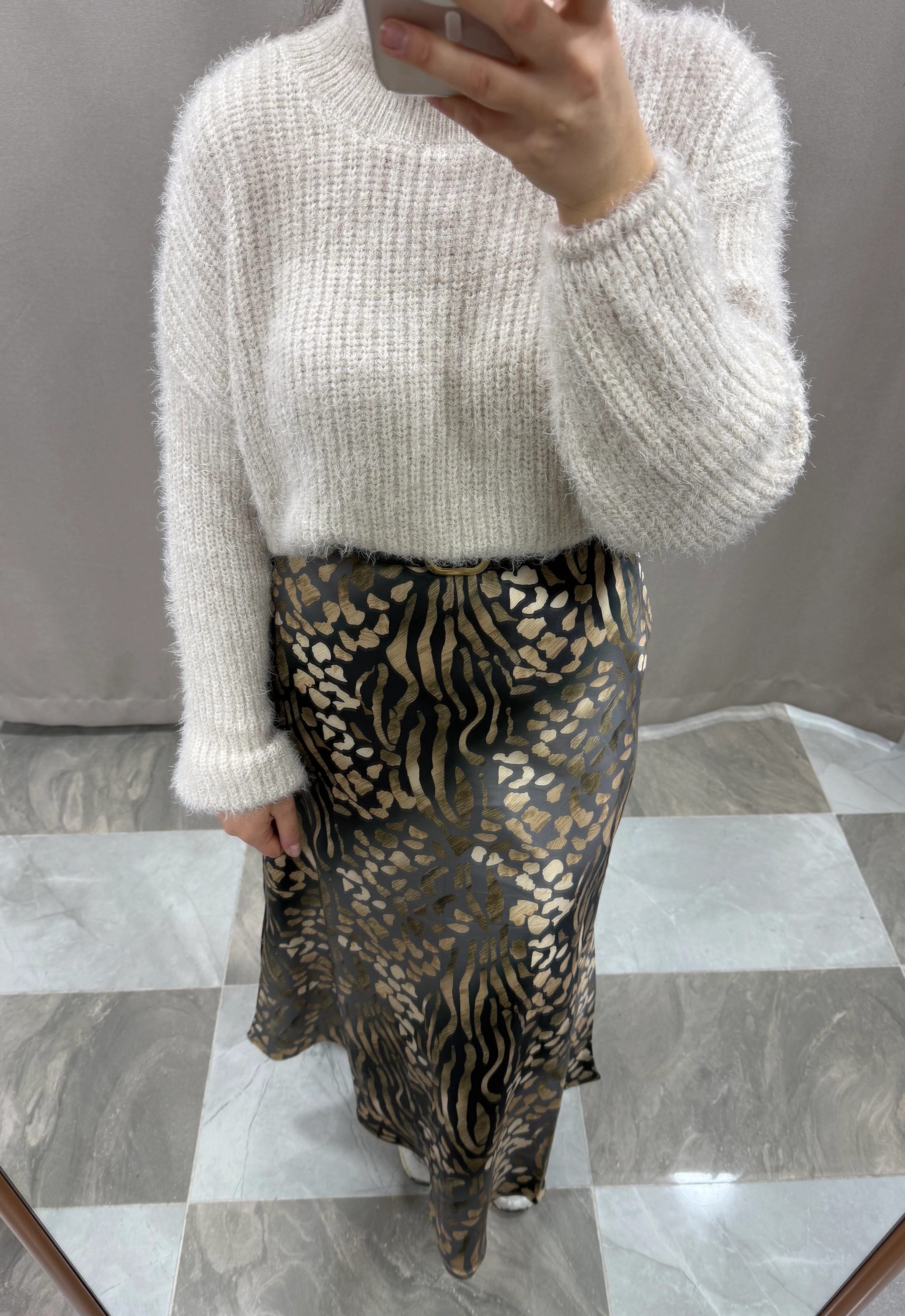 MAXI DESENLİ SATEN ETEK - METALİK LEOPAR DESEN