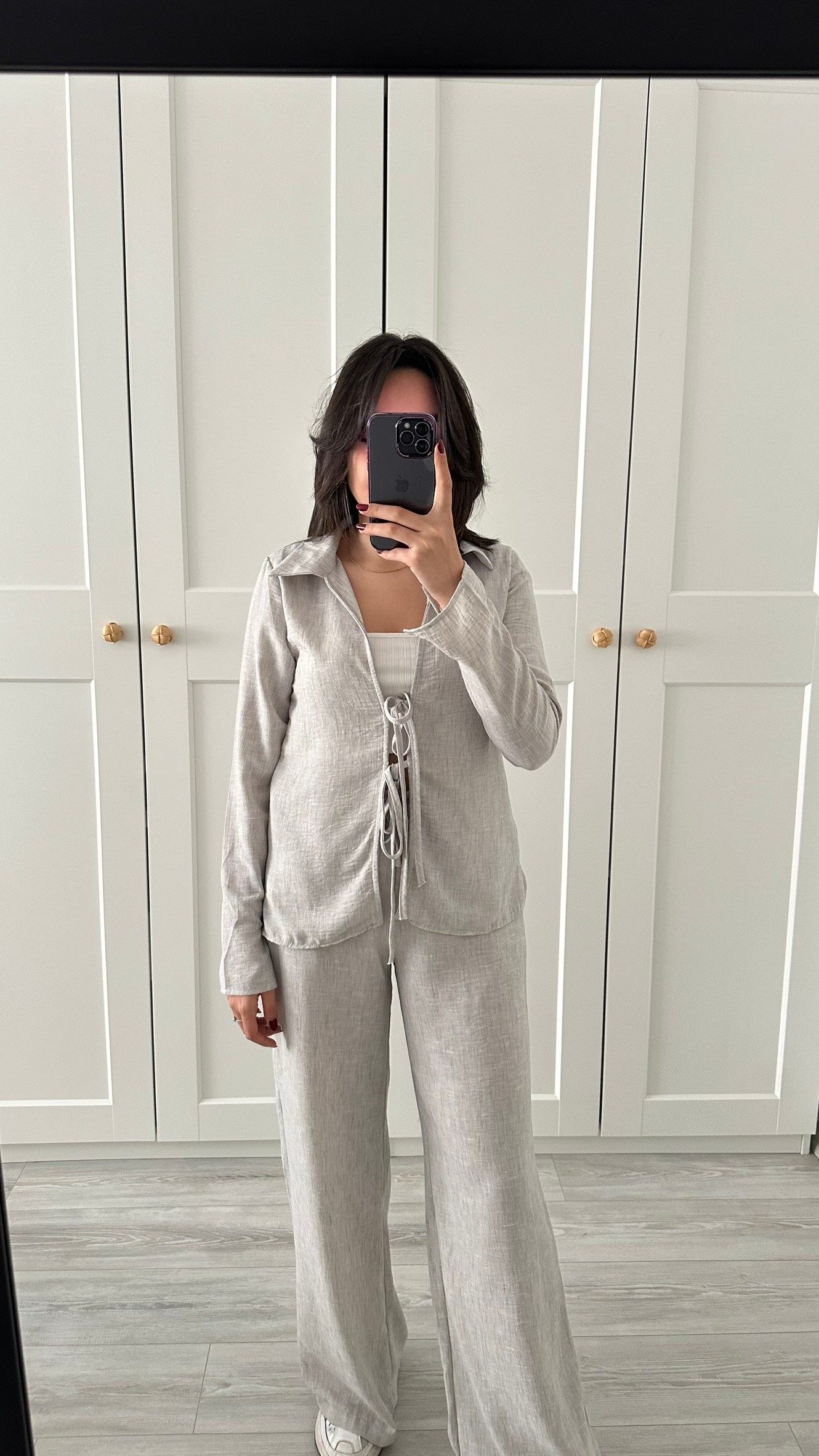 Önden Bağlamalı Pantolon Bluz Takım - AÇIK GRİ