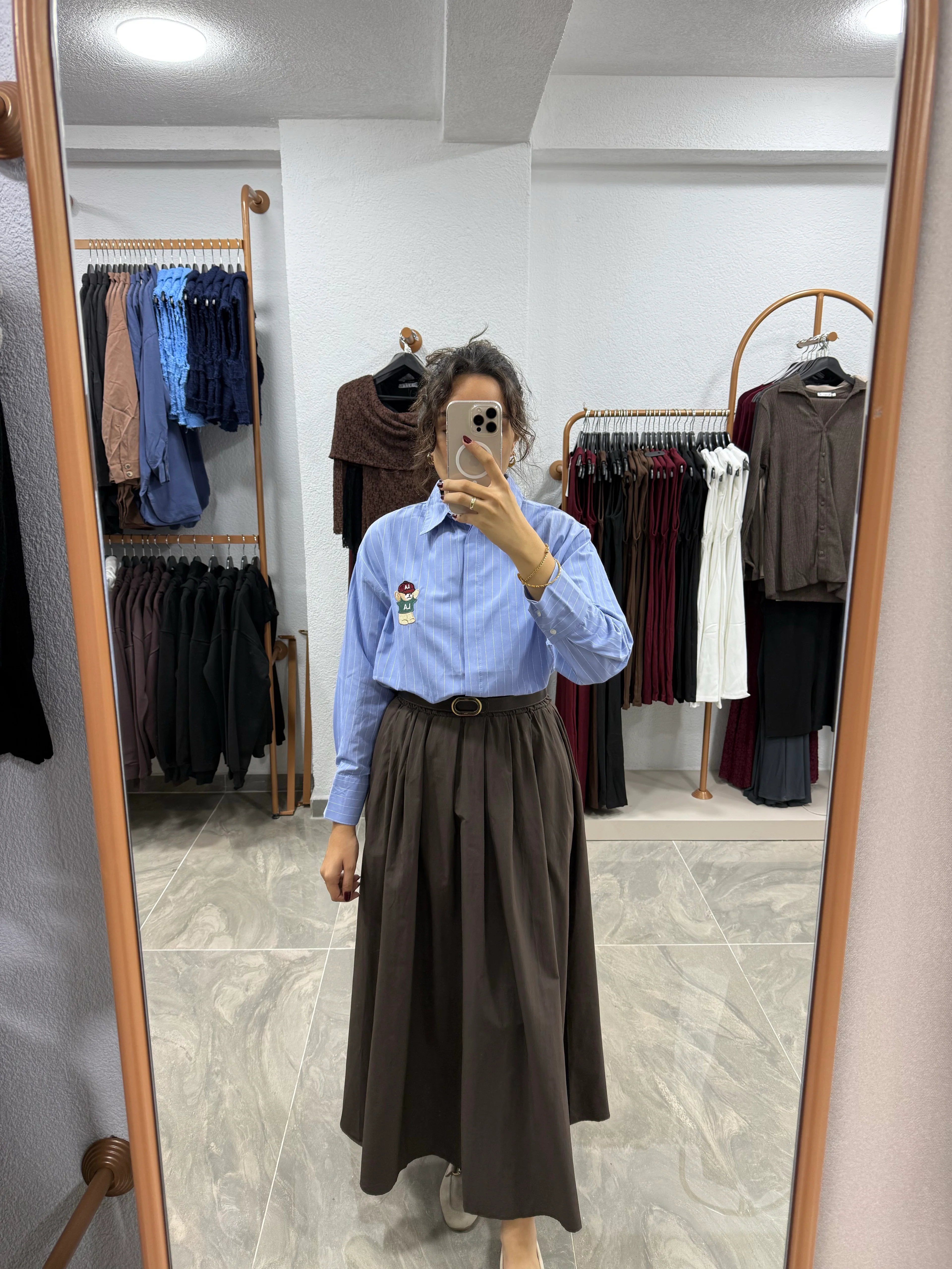 BELİ LASTİKLİ CEPLİ PİLELİ ETEK  - KAHVERENGİ