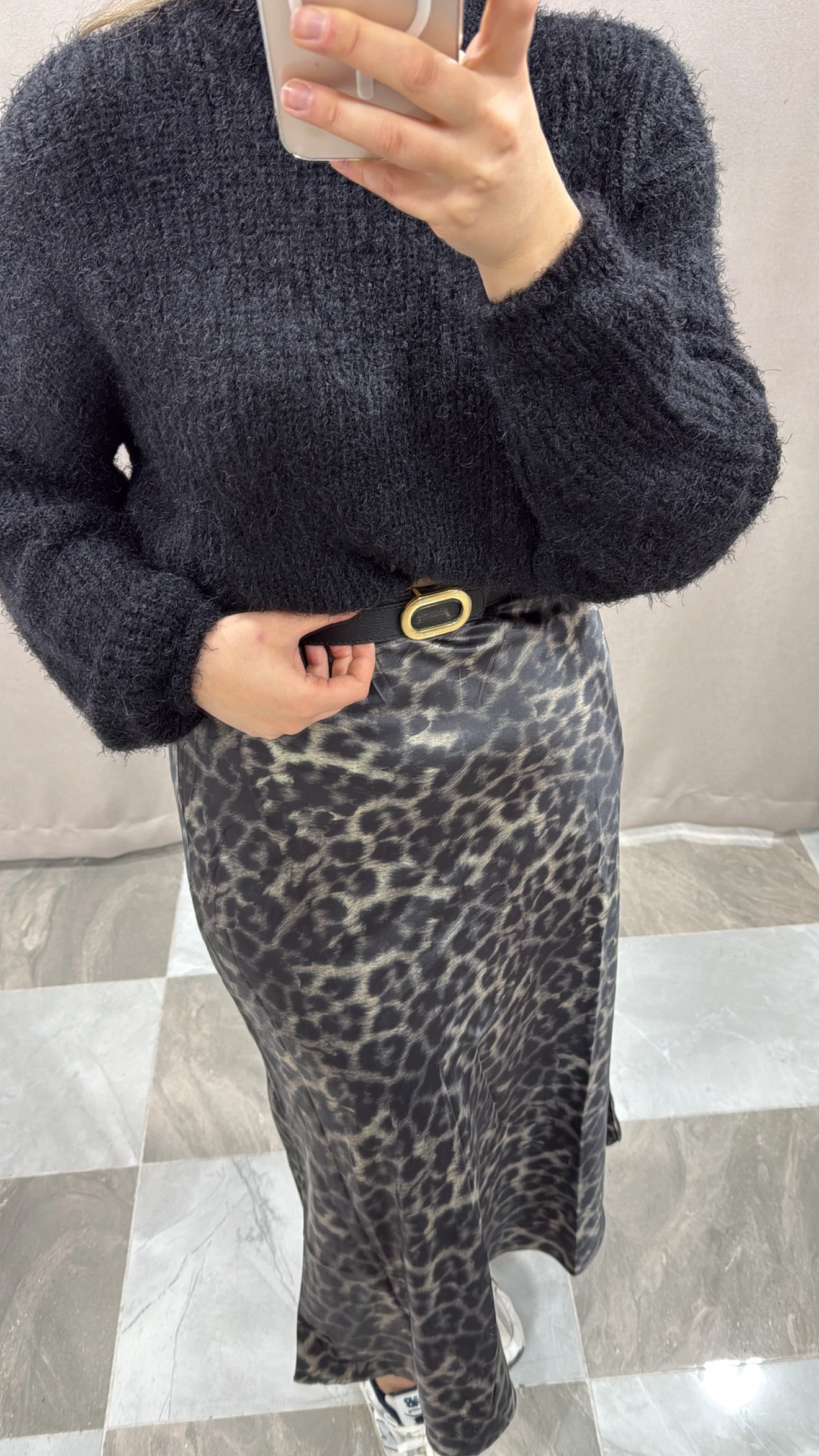 MAXI DESENLİ SATEN ETEK - GRİ LEOPAR DESEN