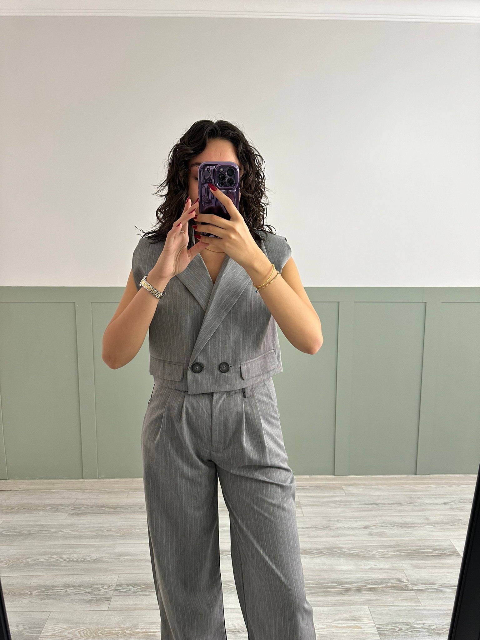 Gri Vatkalı Crop Yelek Pantolon Takım