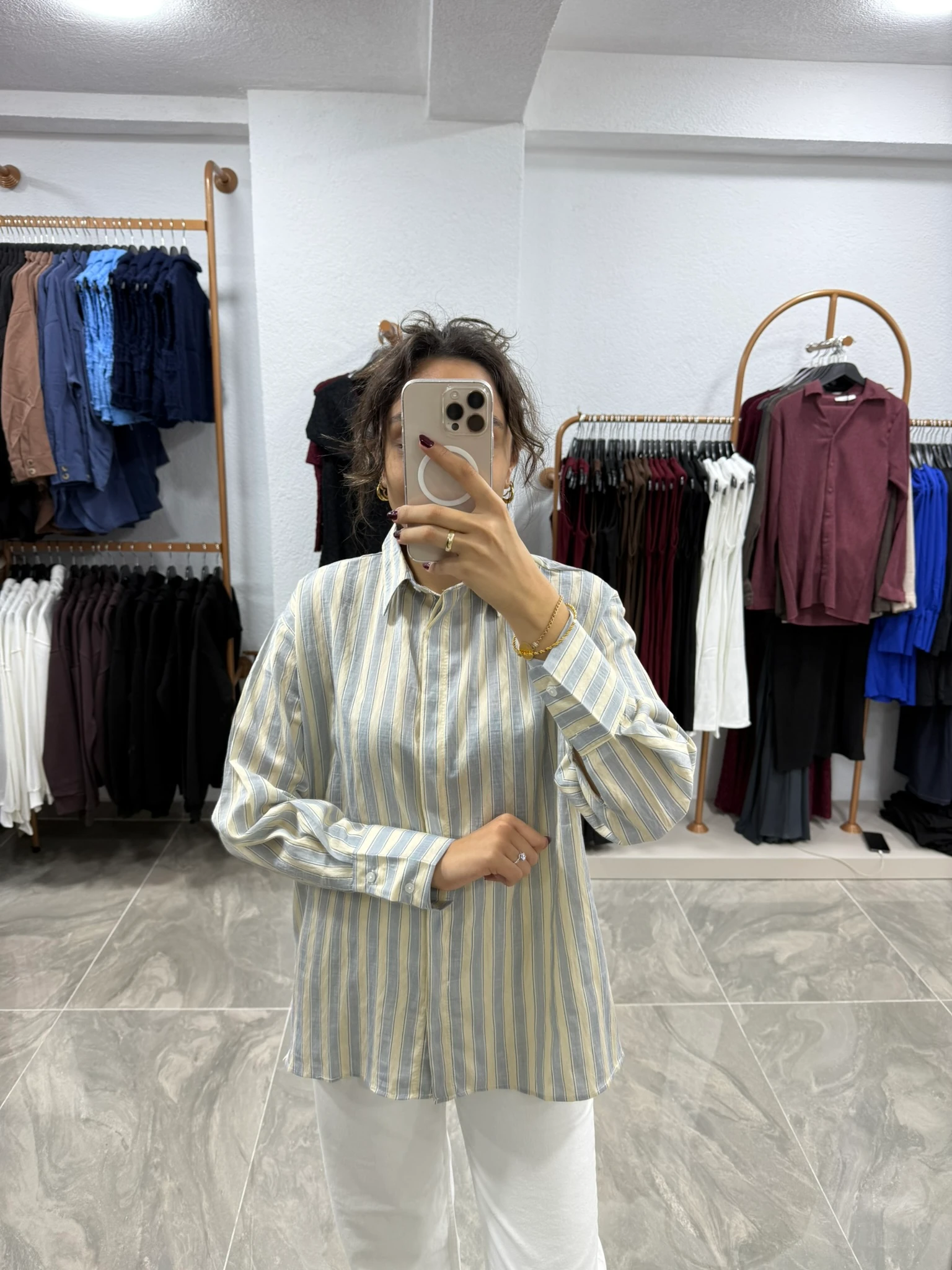 ÇİZGİ DETAYLI OVERSIZE GÖMLEK - SARI