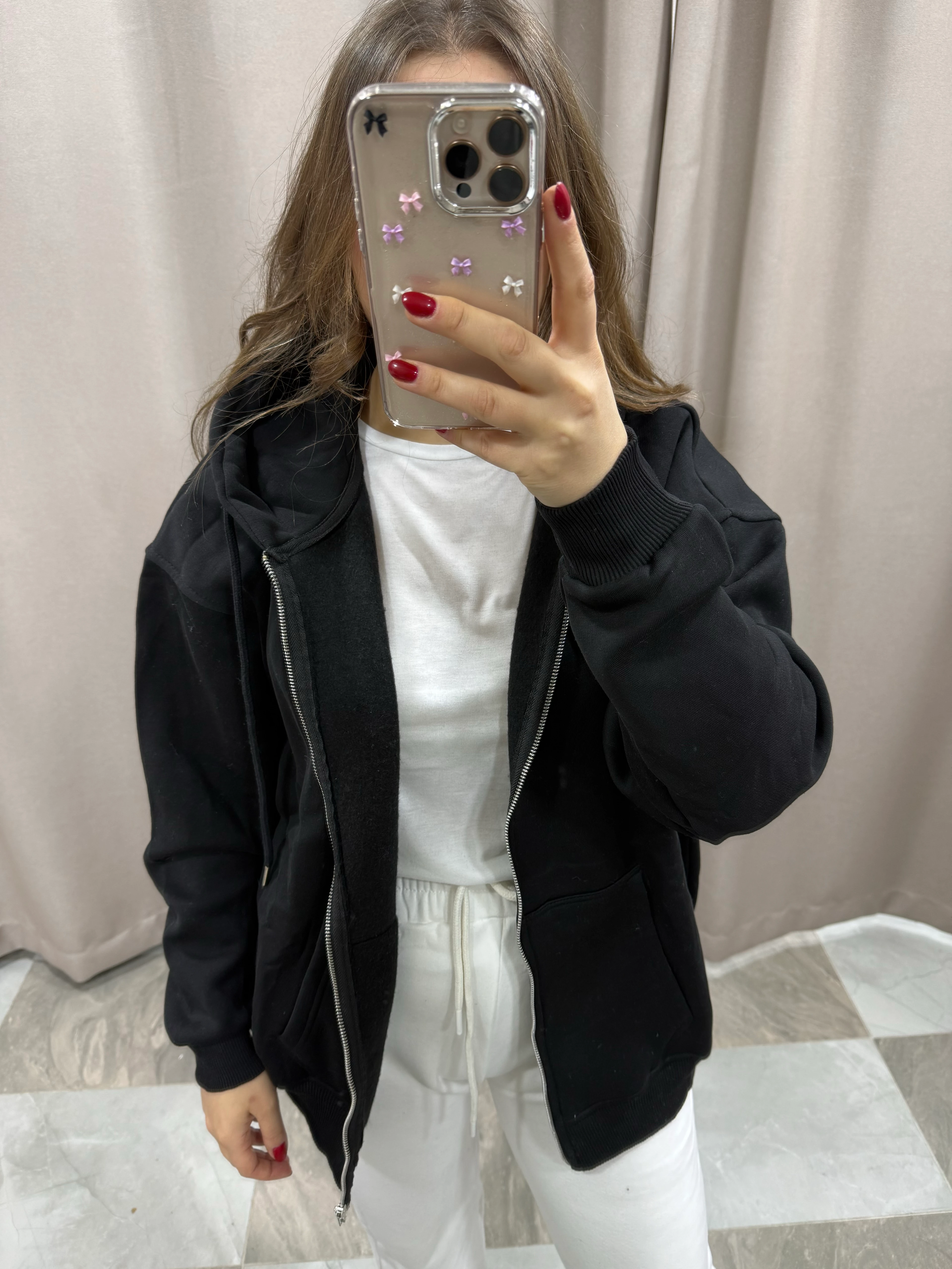 ŞARDONLU FERMUARLI OVERSIZE SWEAT - SİYAH