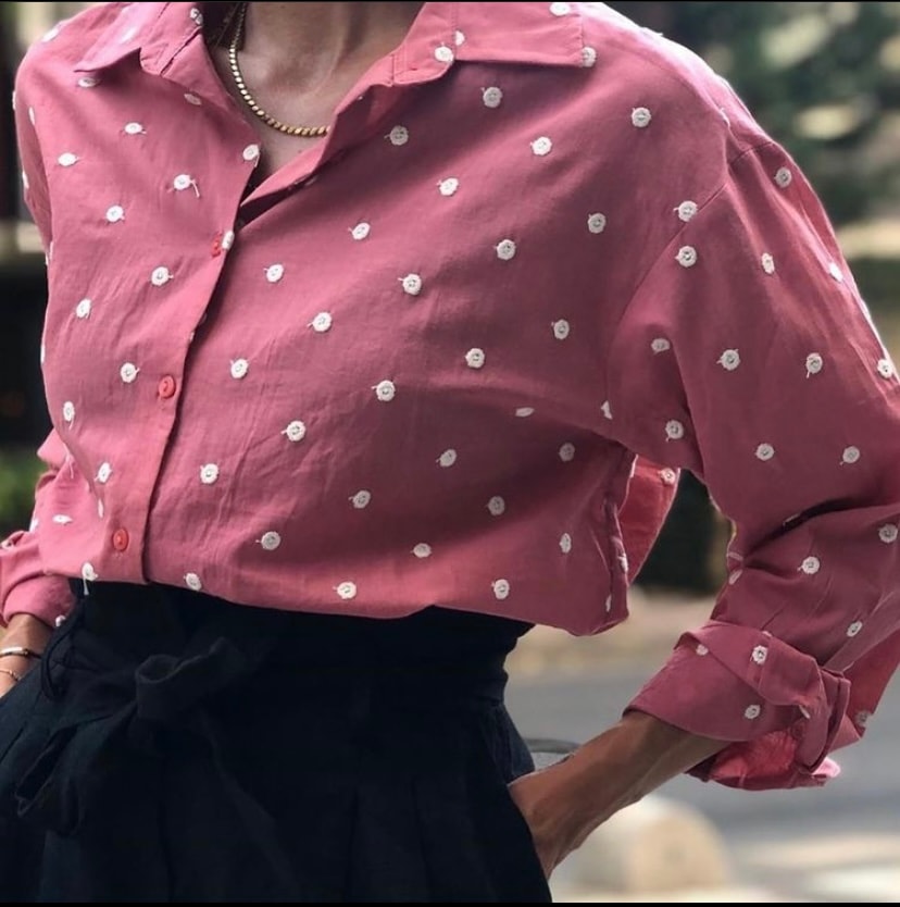 Pembe Puantiye Nakış Gömlek