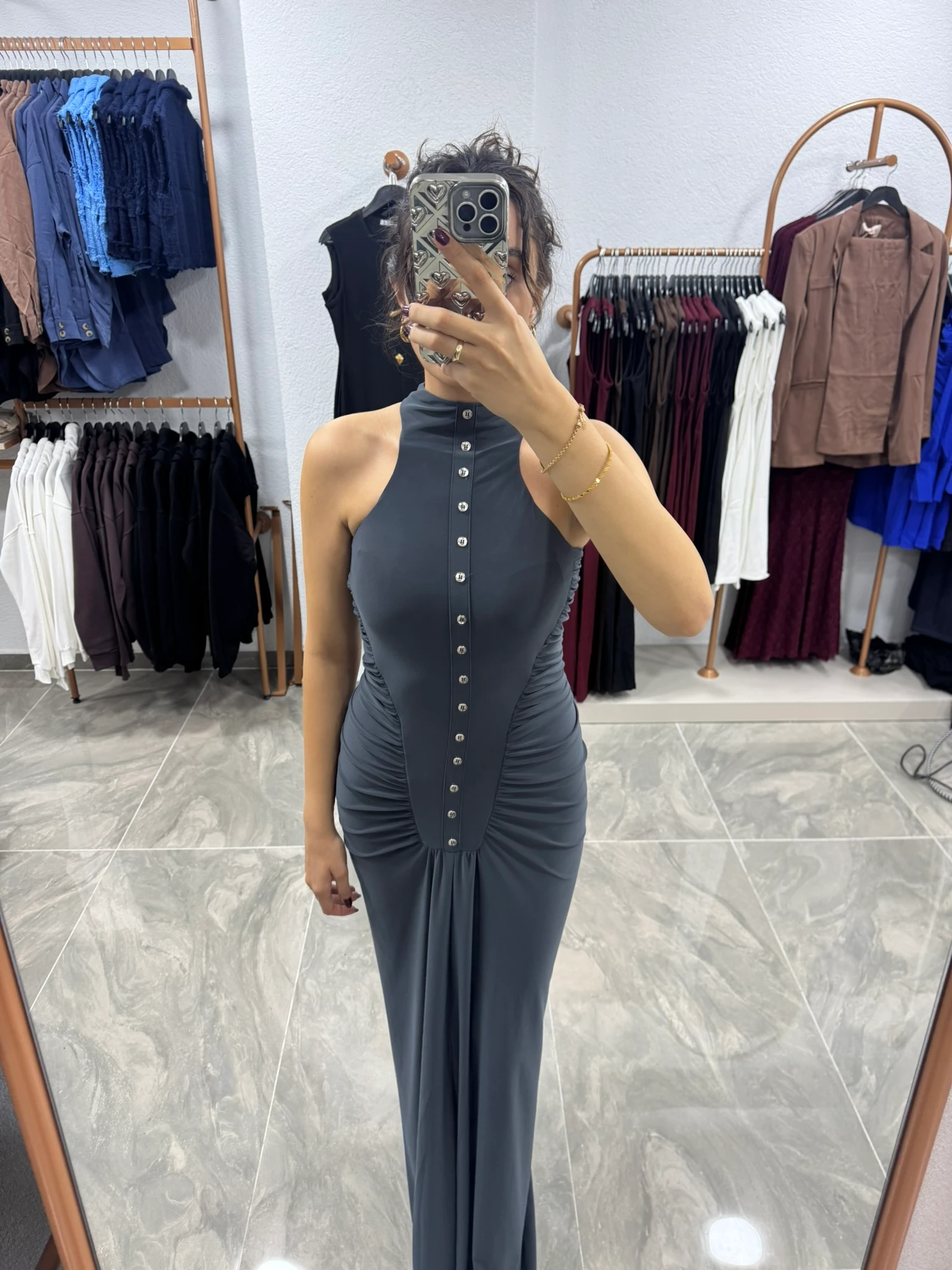 Gri Drape Detaylı Düğmeli Maxi Elbise 
