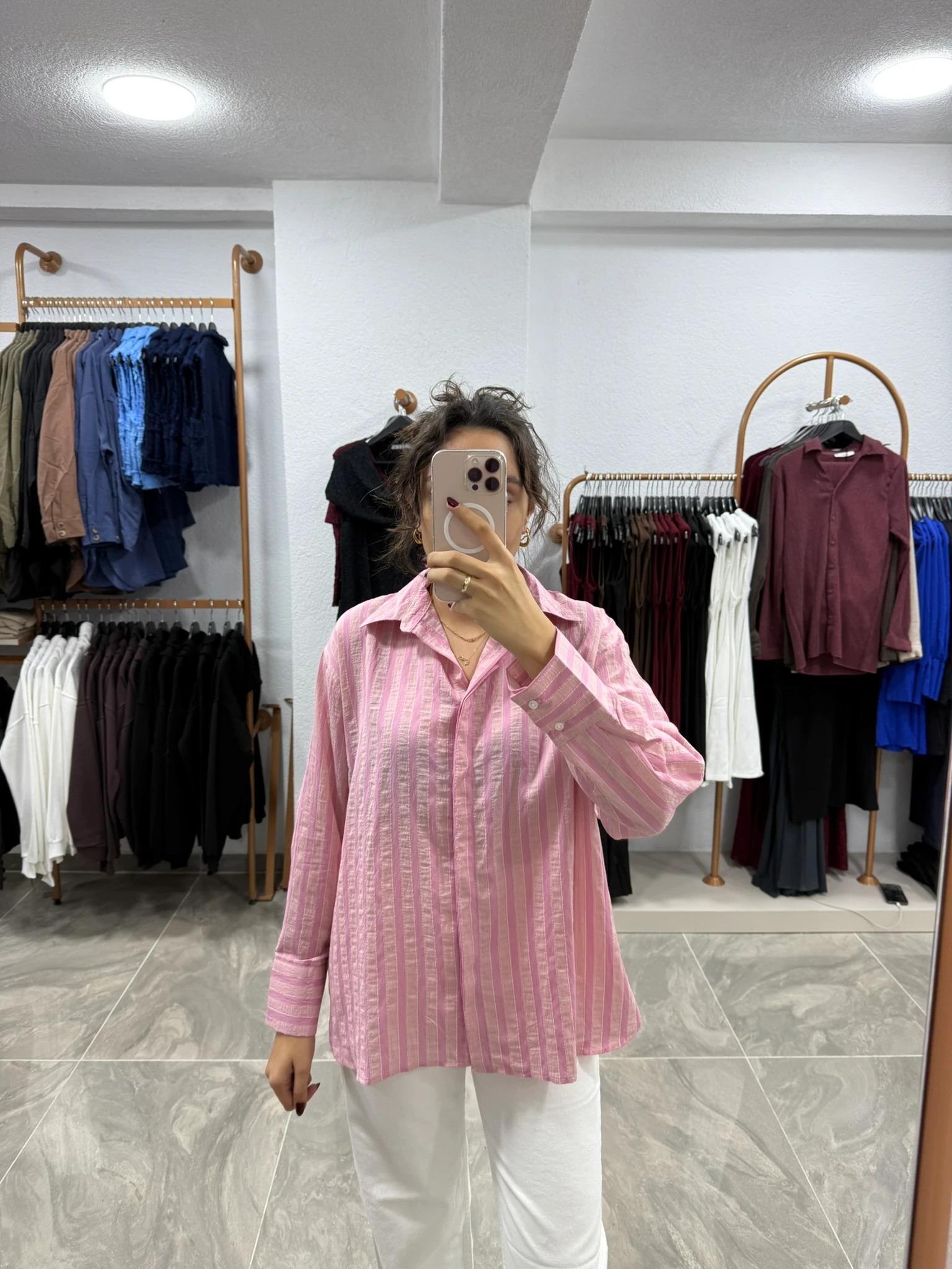 ÇİZGİ DETAYLI OVERSIZE GÖMLEK - PEMBE