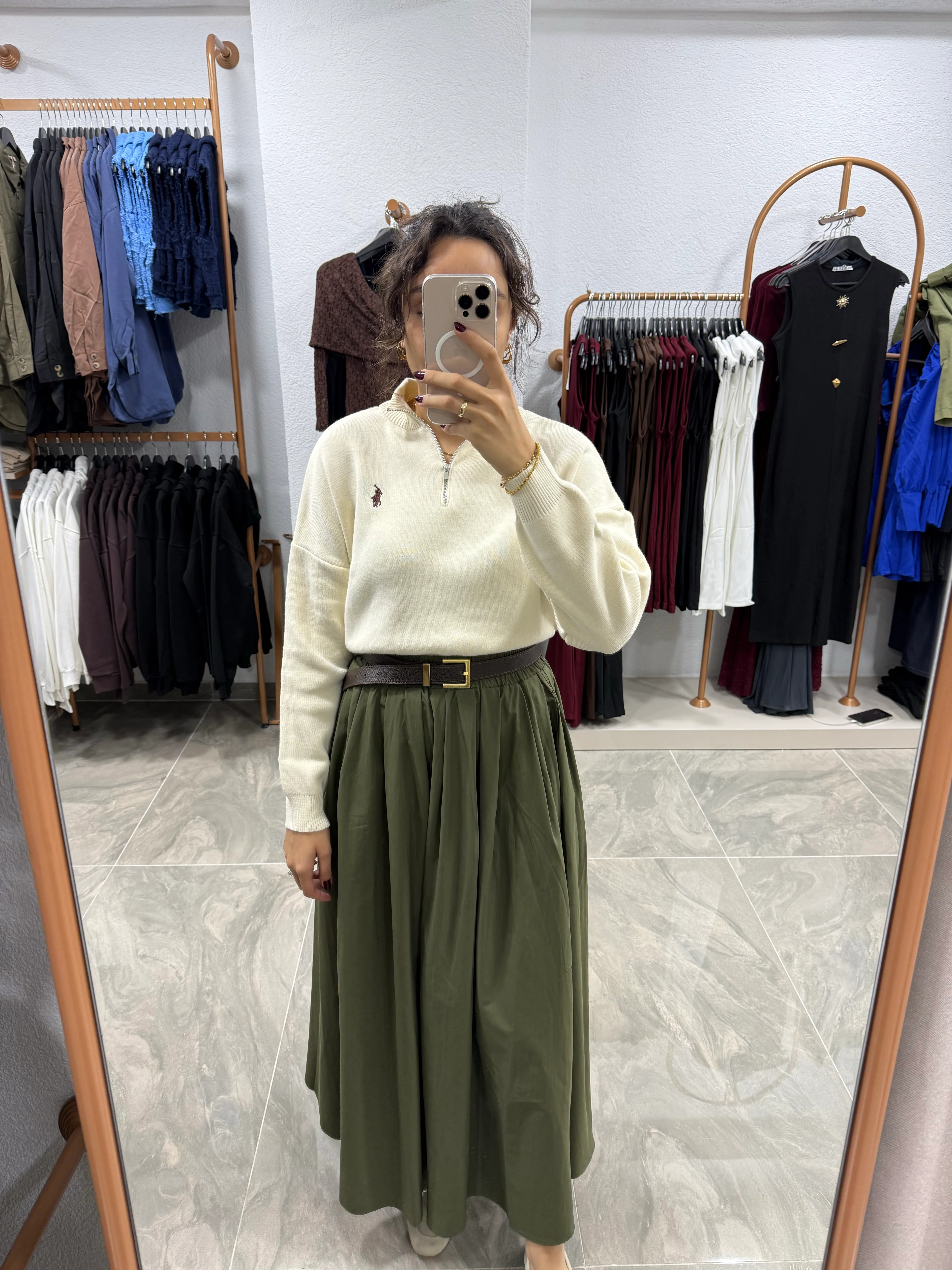 BELİ LASTİKLİ CEPLİ PİLELİ ETEK  - YEŞİL