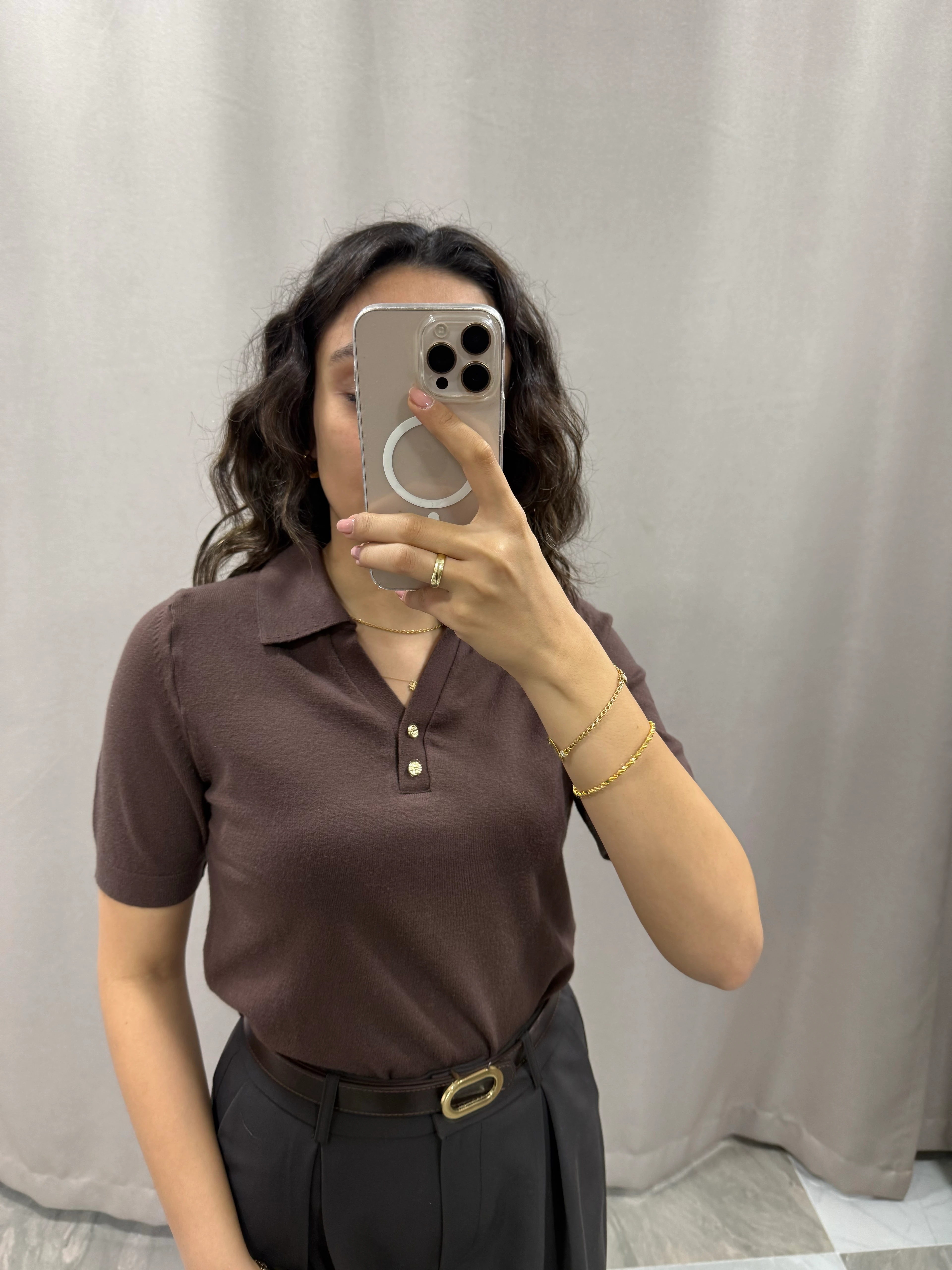 GOLD DÜĞME DETAYLI KISA KOL TRİKO KAZAK