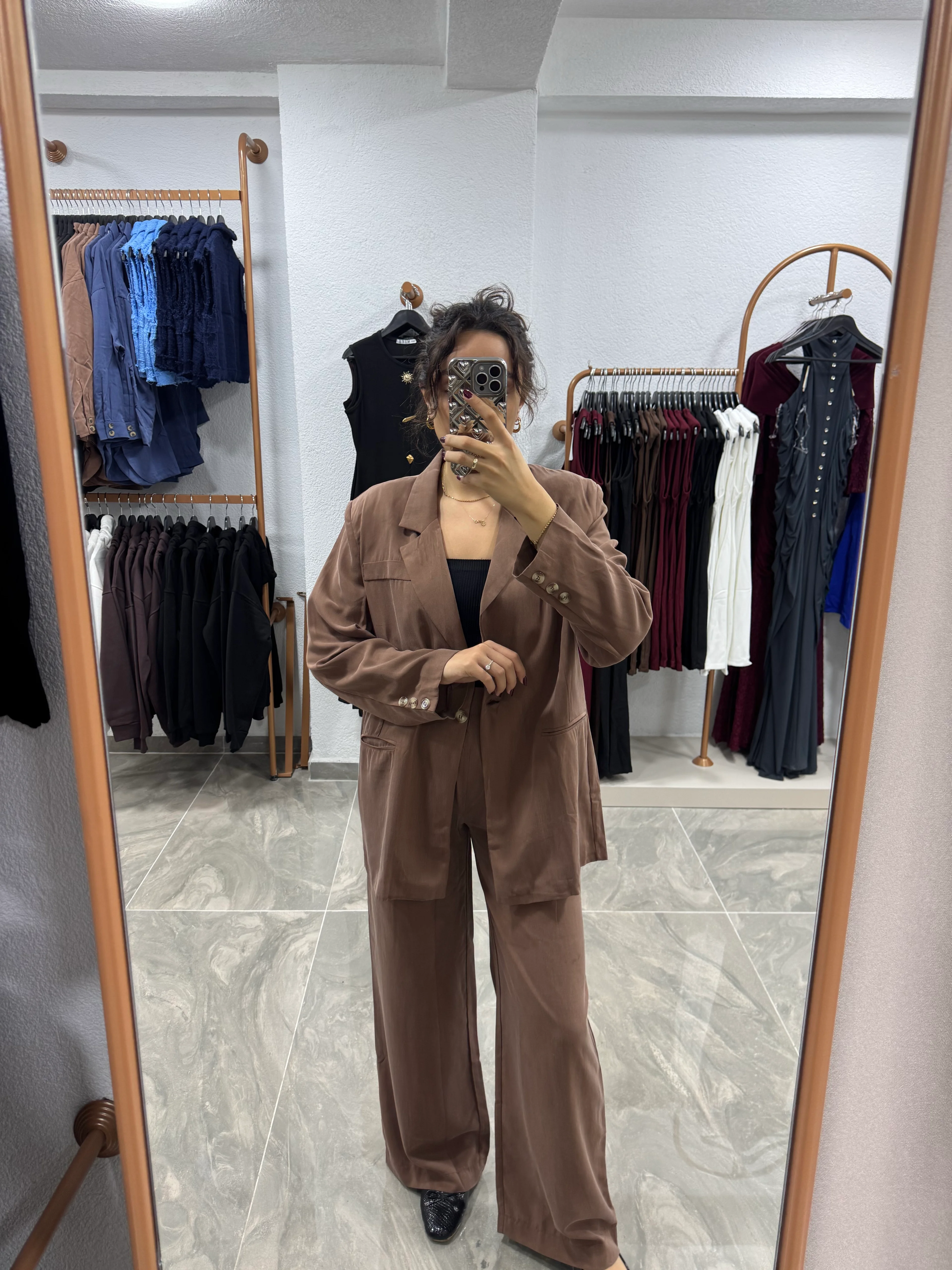 TEK DÜĞME TENSEL TAKIM  - KAHVERENGİ