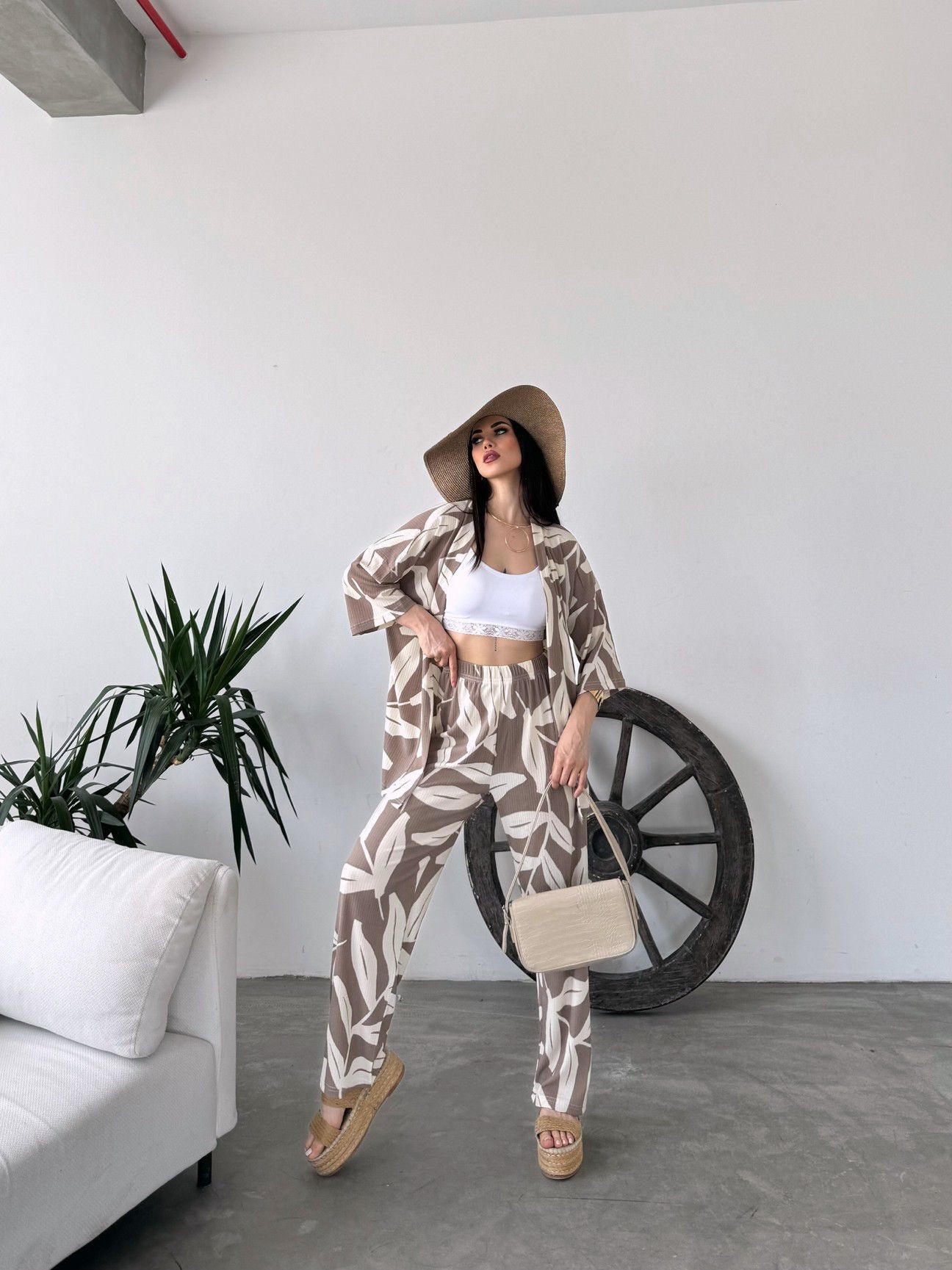 Desenli Kimono & Pantolon Ikili Takım - KAHVE