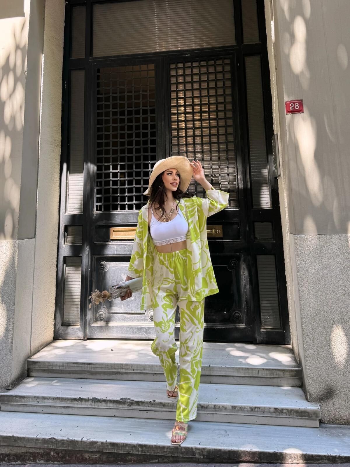 Desenli Kimono & Pantolon Ikili Takım -YEŞİL