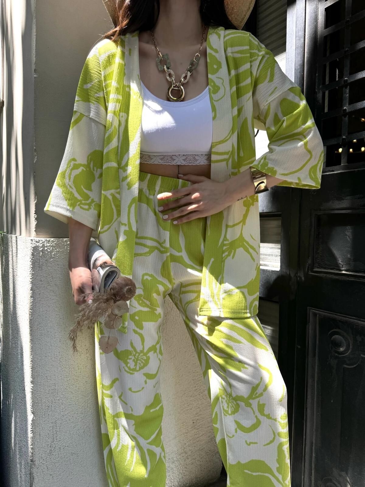 Desenli Kimono & Pantolon Ikili Takım -YEŞİL main variant image