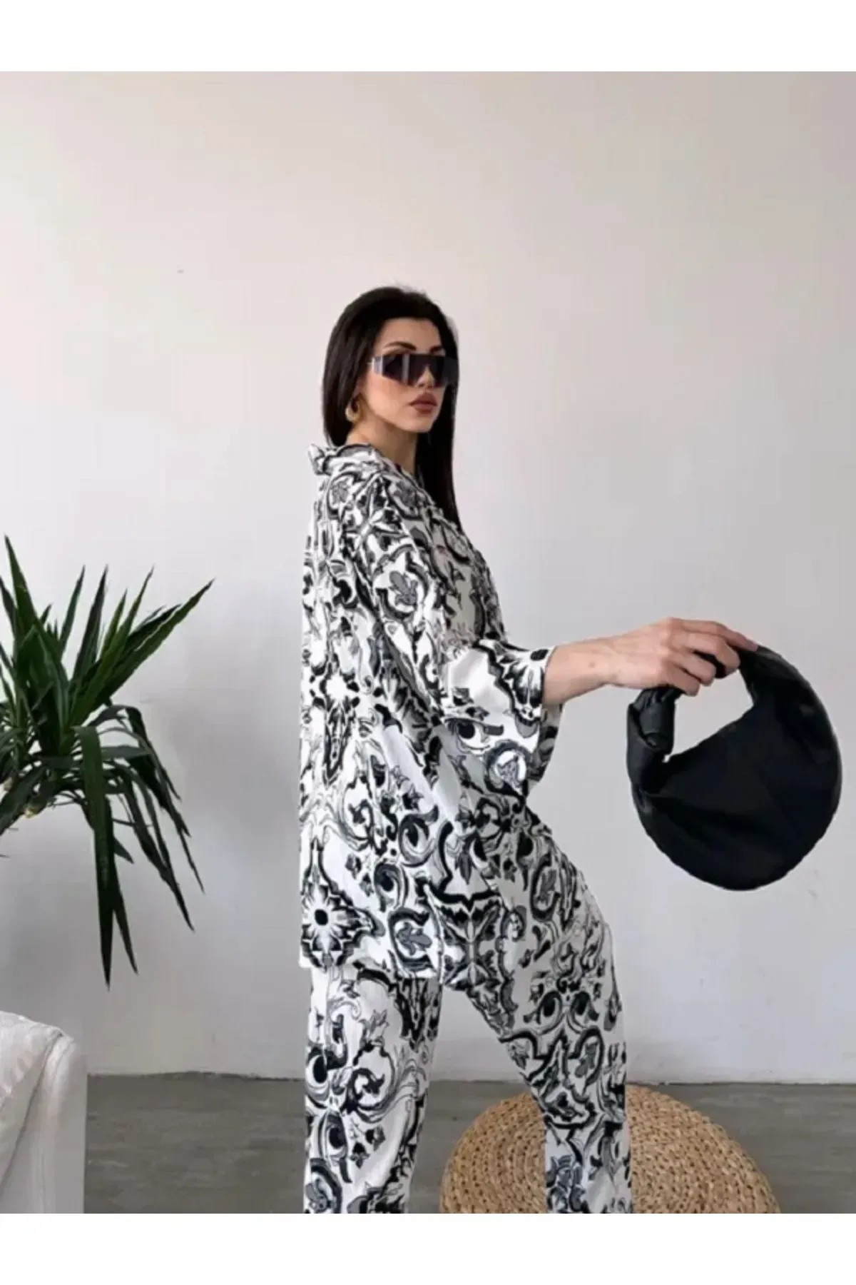 Desenli Kimono & Pantolon Ikili Takım