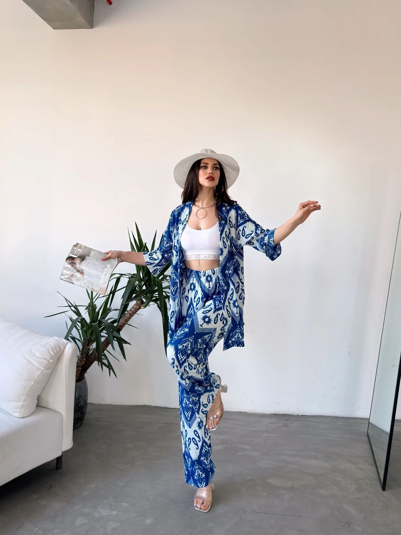 Desenli Kimono & Pantolon Ikili Takım- MAVİ