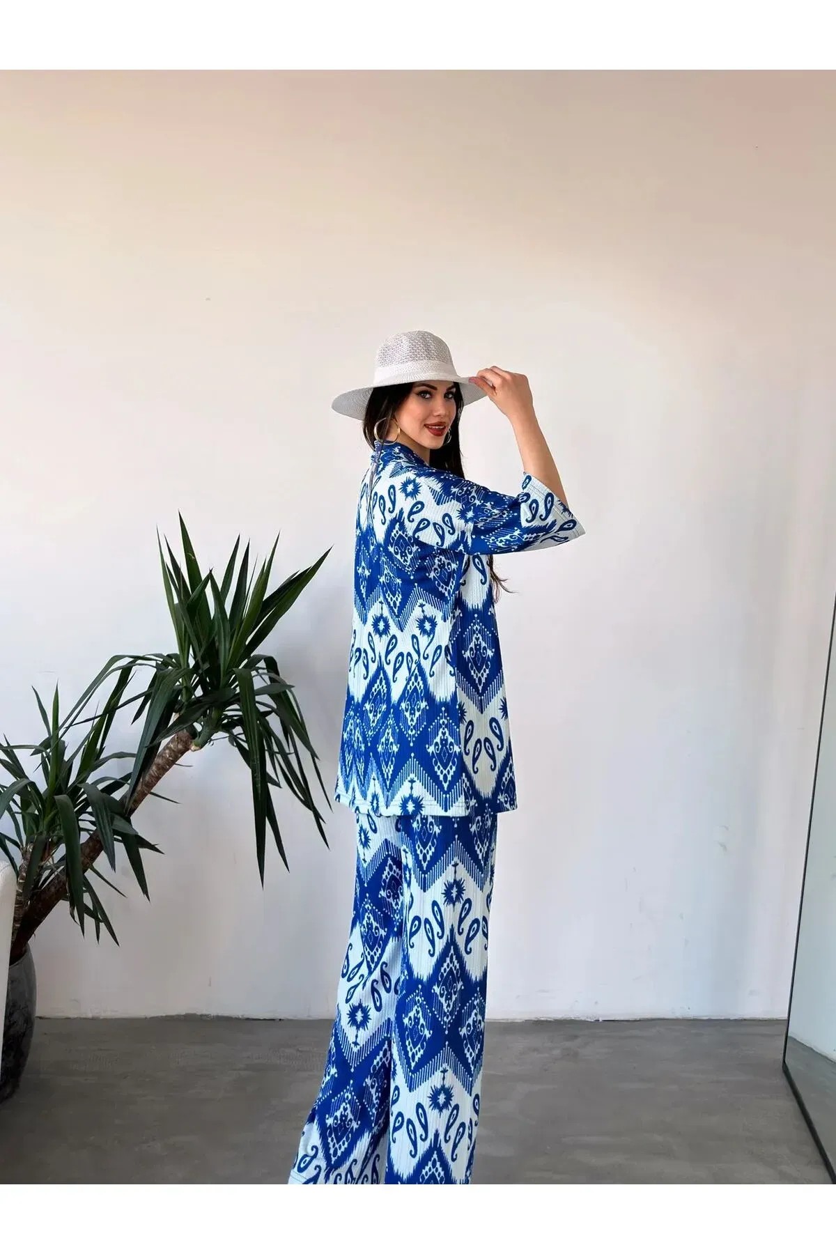 Desenli Kimono & Pantolon Ikili Takım- MAVİ main variant image