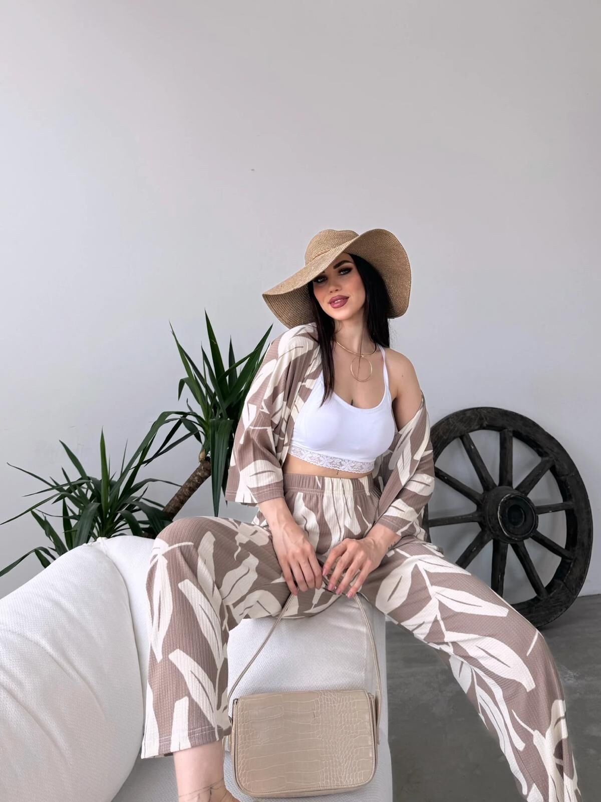 Desenli Kimono & Pantolon Ikili Takım - KAHVE main variant image