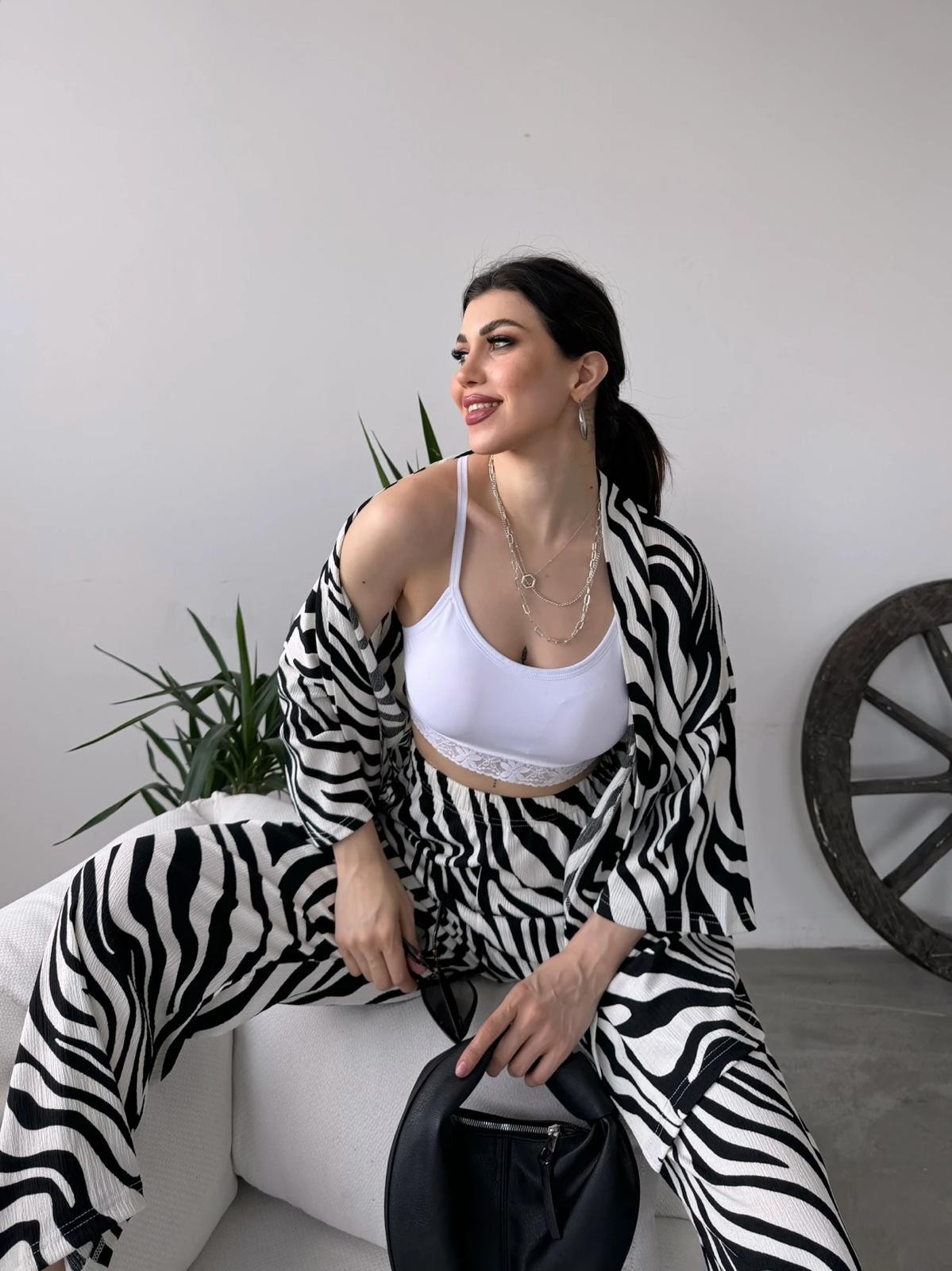 Desenli Kimono & Pantolon Ikili Takım - SİYAH/BEYAZ-ZEBRA