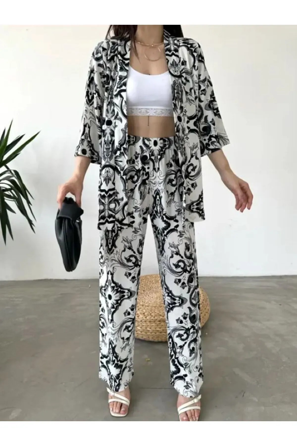 Desenli Kimono & Pantolon Ikili Takım