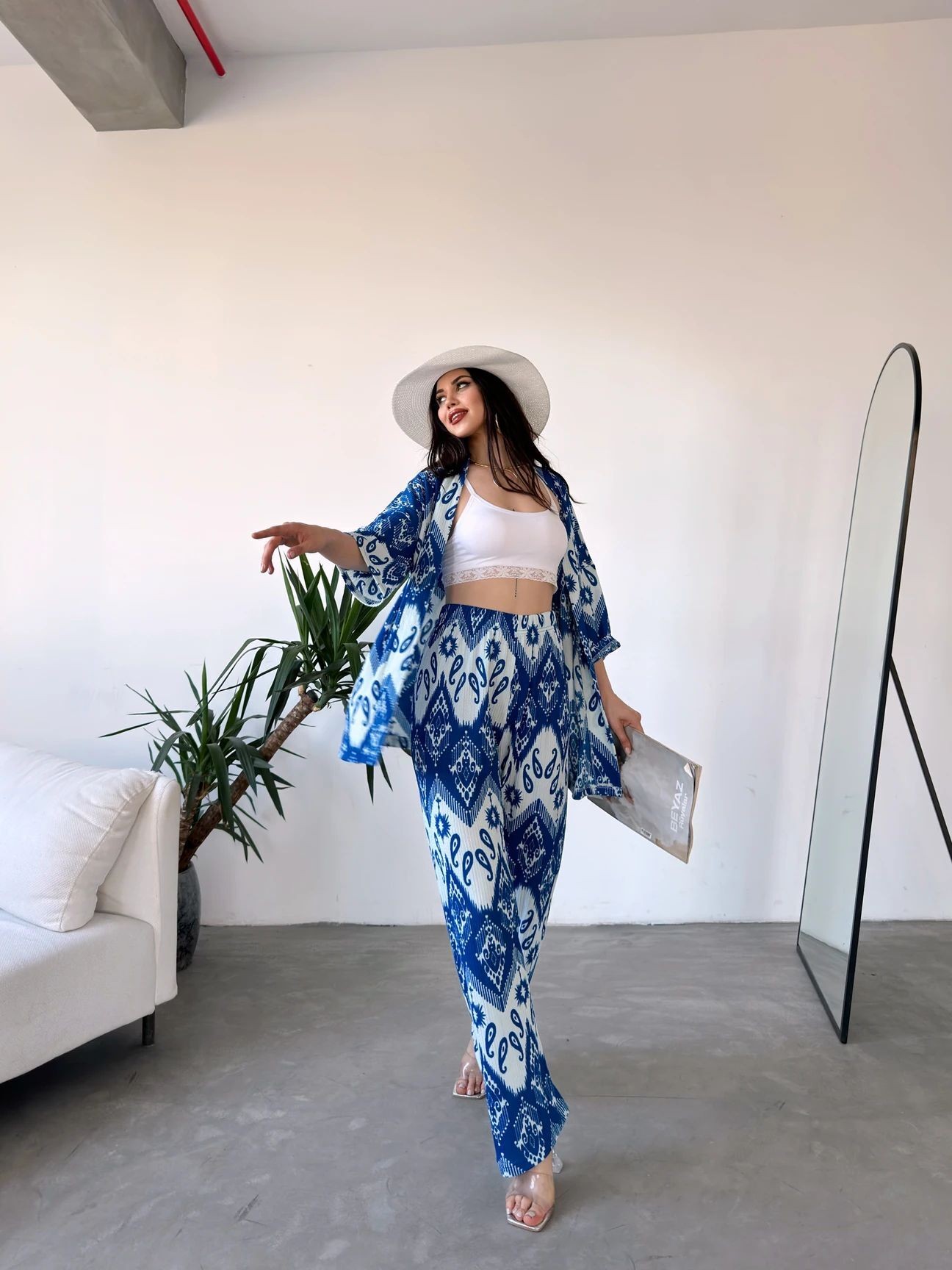 Desenli Kimono & Pantolon Ikili Takım- MAVİ